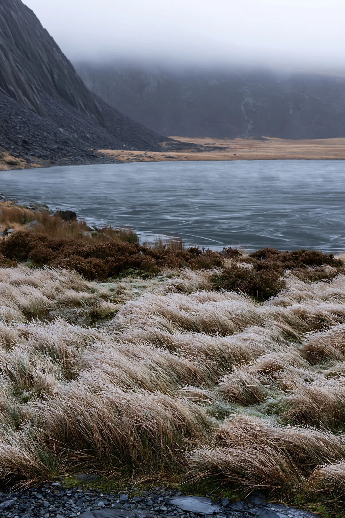 Frozen tarn in a meadow with grass and mountain backdrop - AI-generated stock image