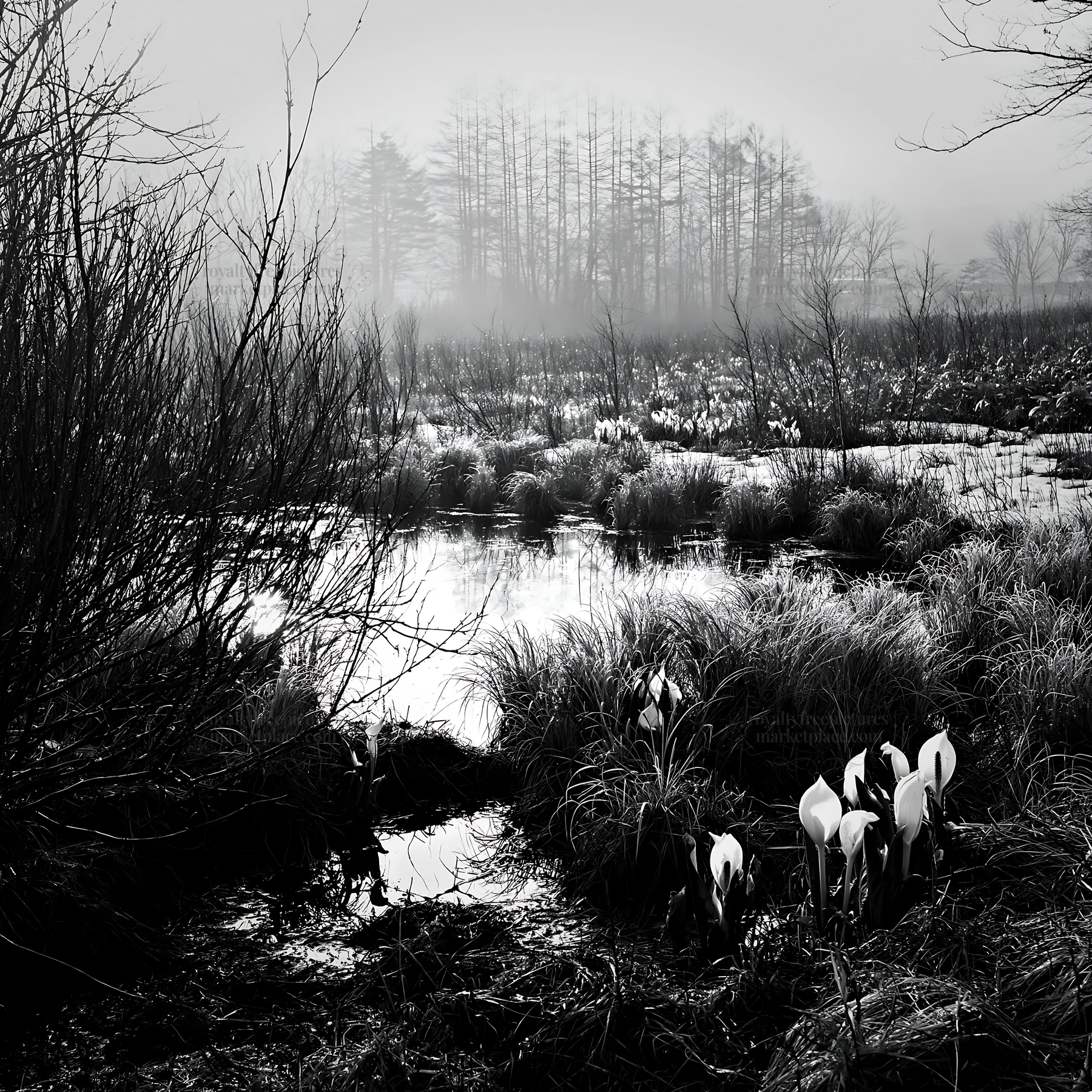 Black and white akita snowmelt meadow with silver grasses and white flowers - AI-generated stock image
