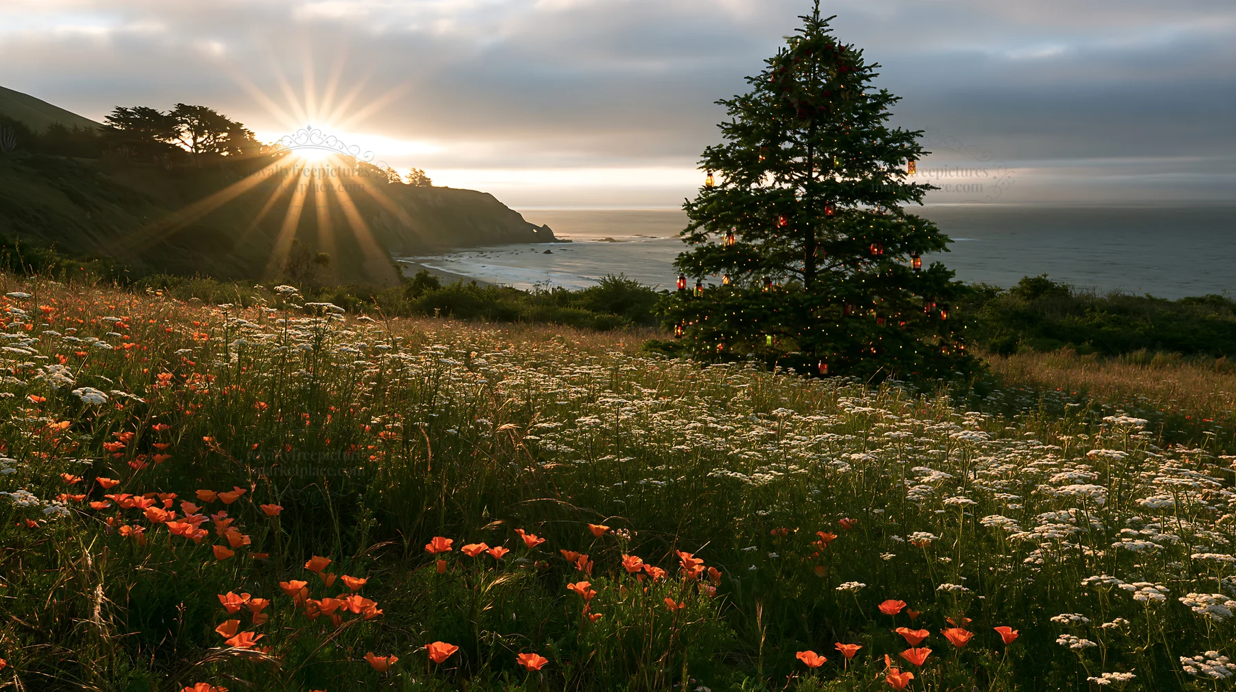 Christmas tree in meadow at sunset near the ocean - AI-generated stock image
