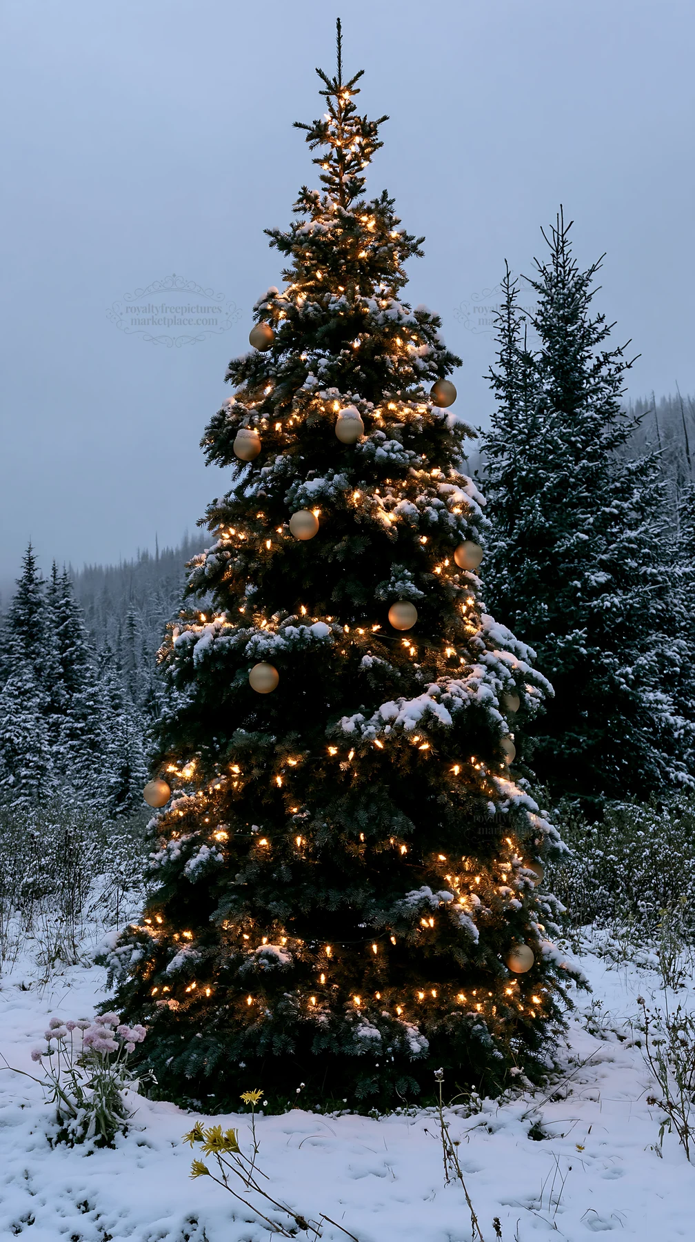 Christmas tree in mountain meadow after heavy snowfall - AI-generated stock image