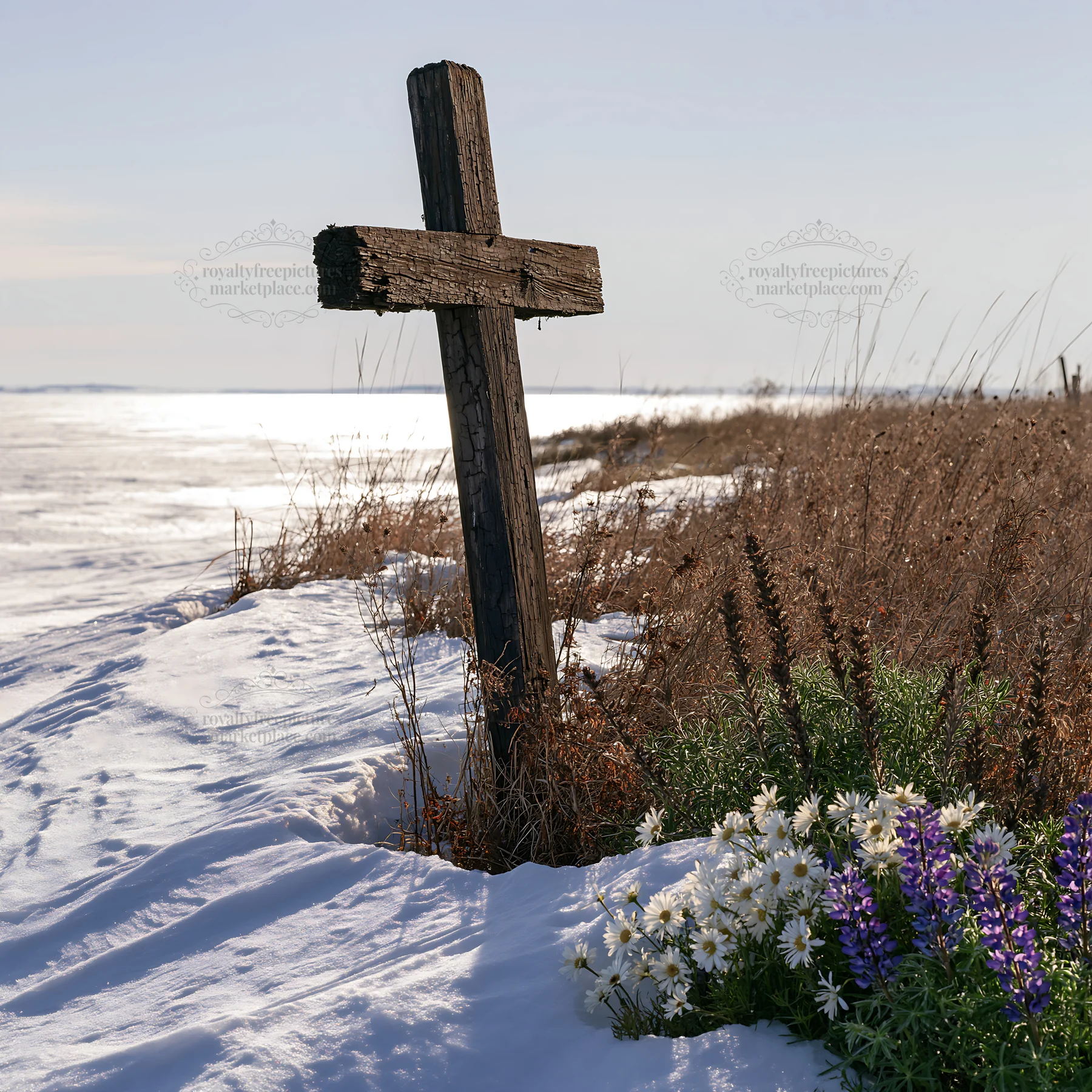 Weathered Christian cross in snowy meadow with wildflowers - AI-generated stock image