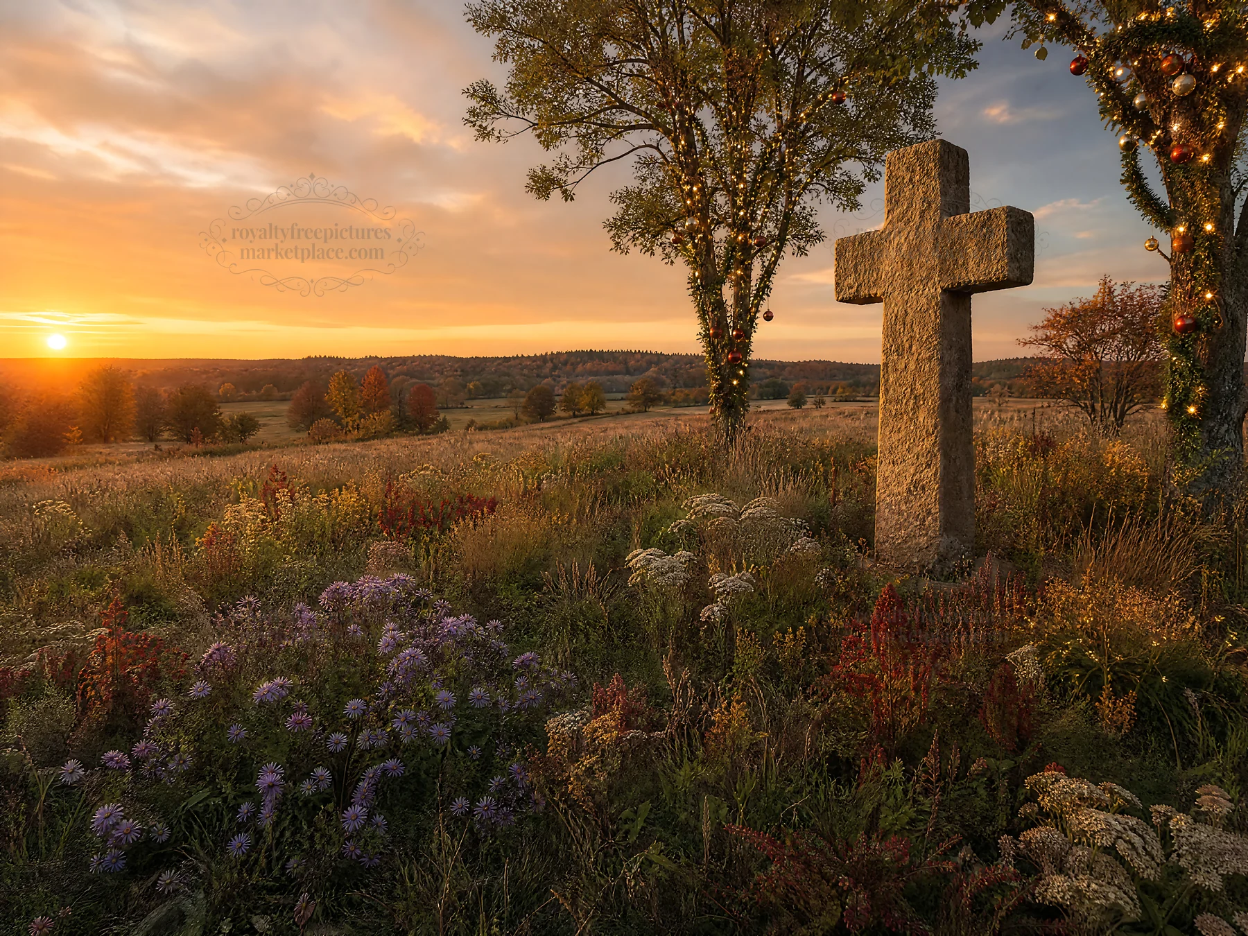 Christian cross in autumn meadow during sunset - AI-generated stock image