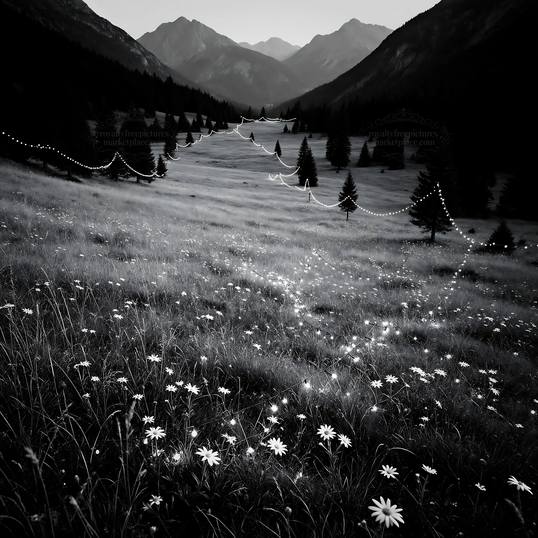 Warm Christmas lights across mountain valley meadow - AI-generated stock image