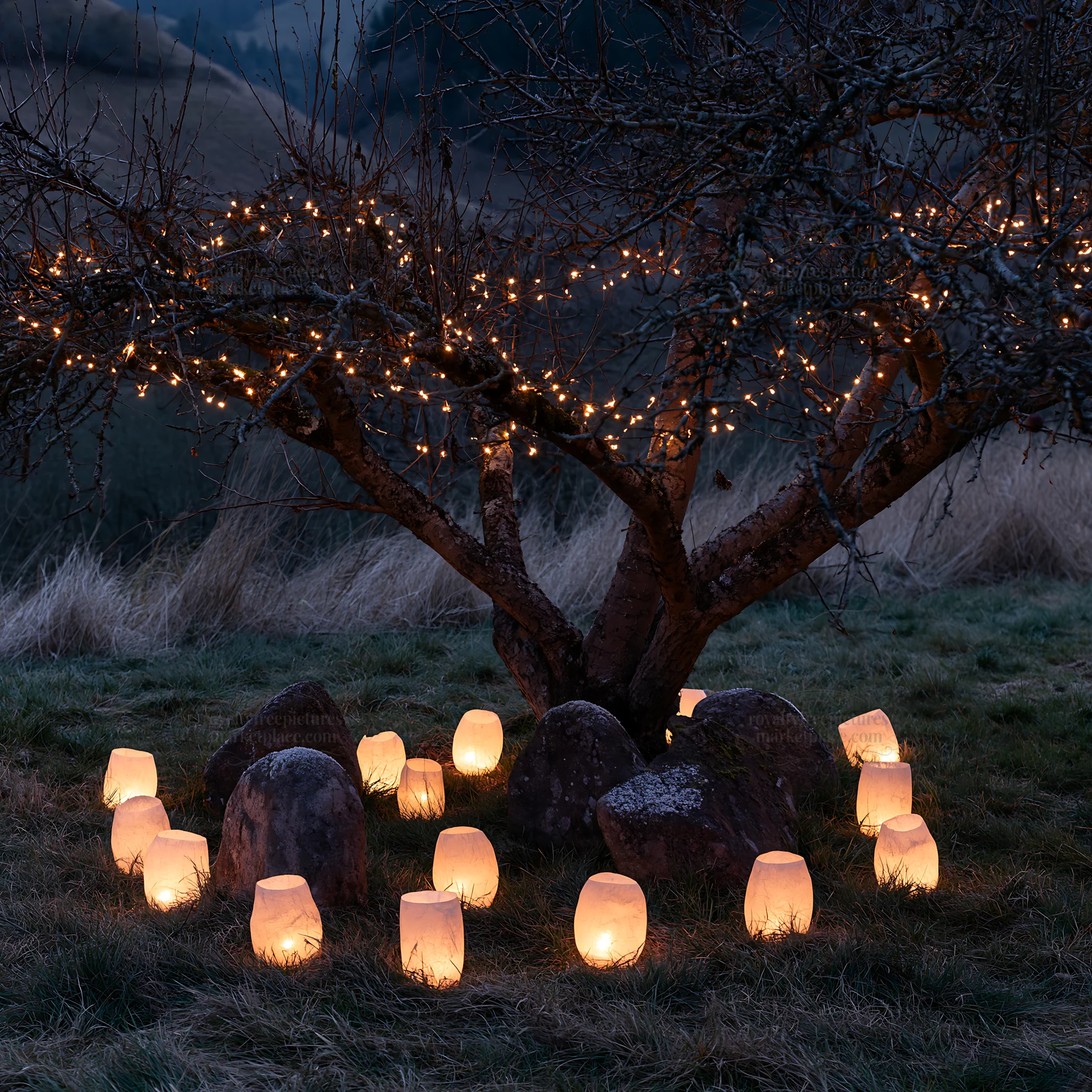 Frosted stones and lanterns around Christmas apple tree at dusk - AI-generated stock image