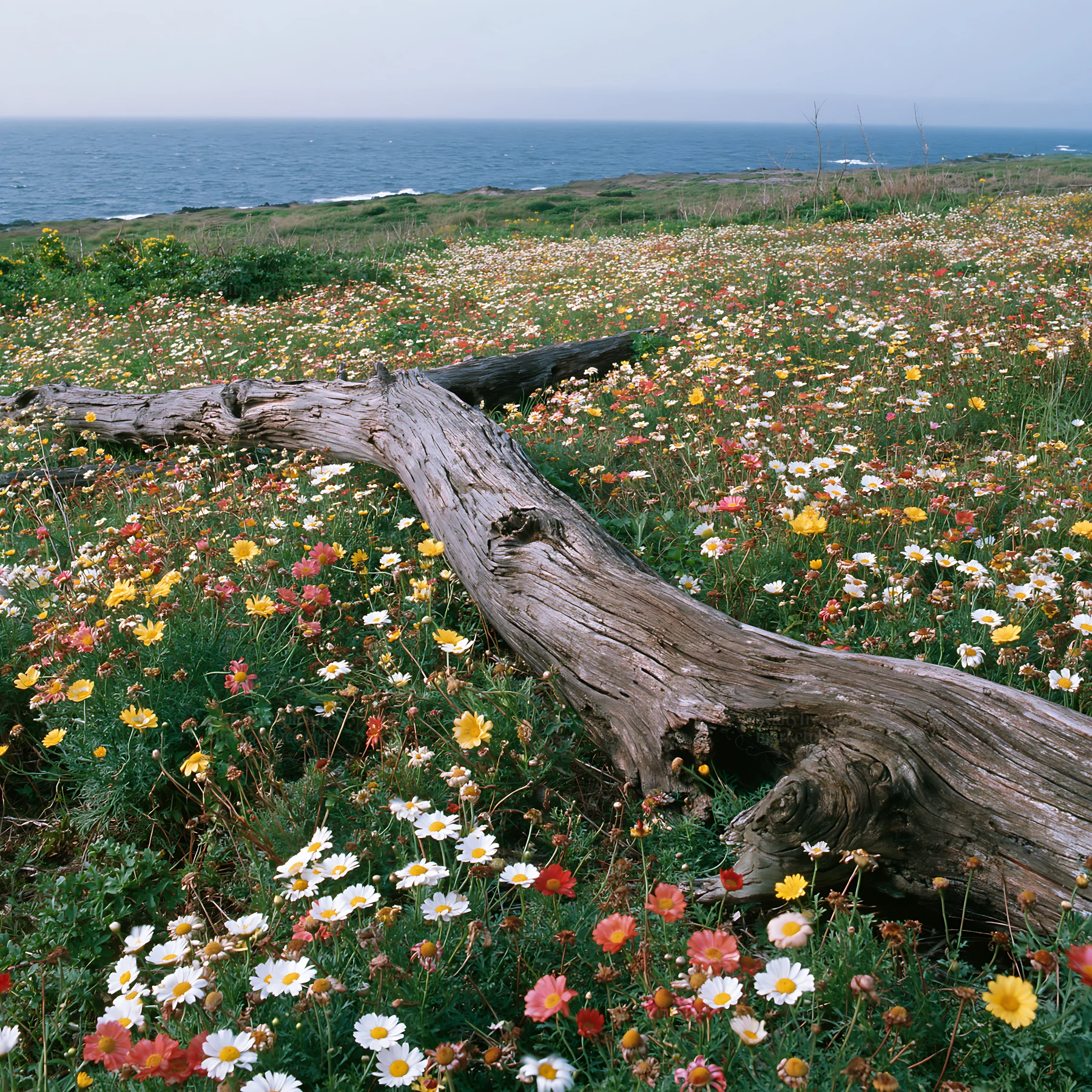Chiba coastal climate meadow driftwood foreground - AI-generated stock image
