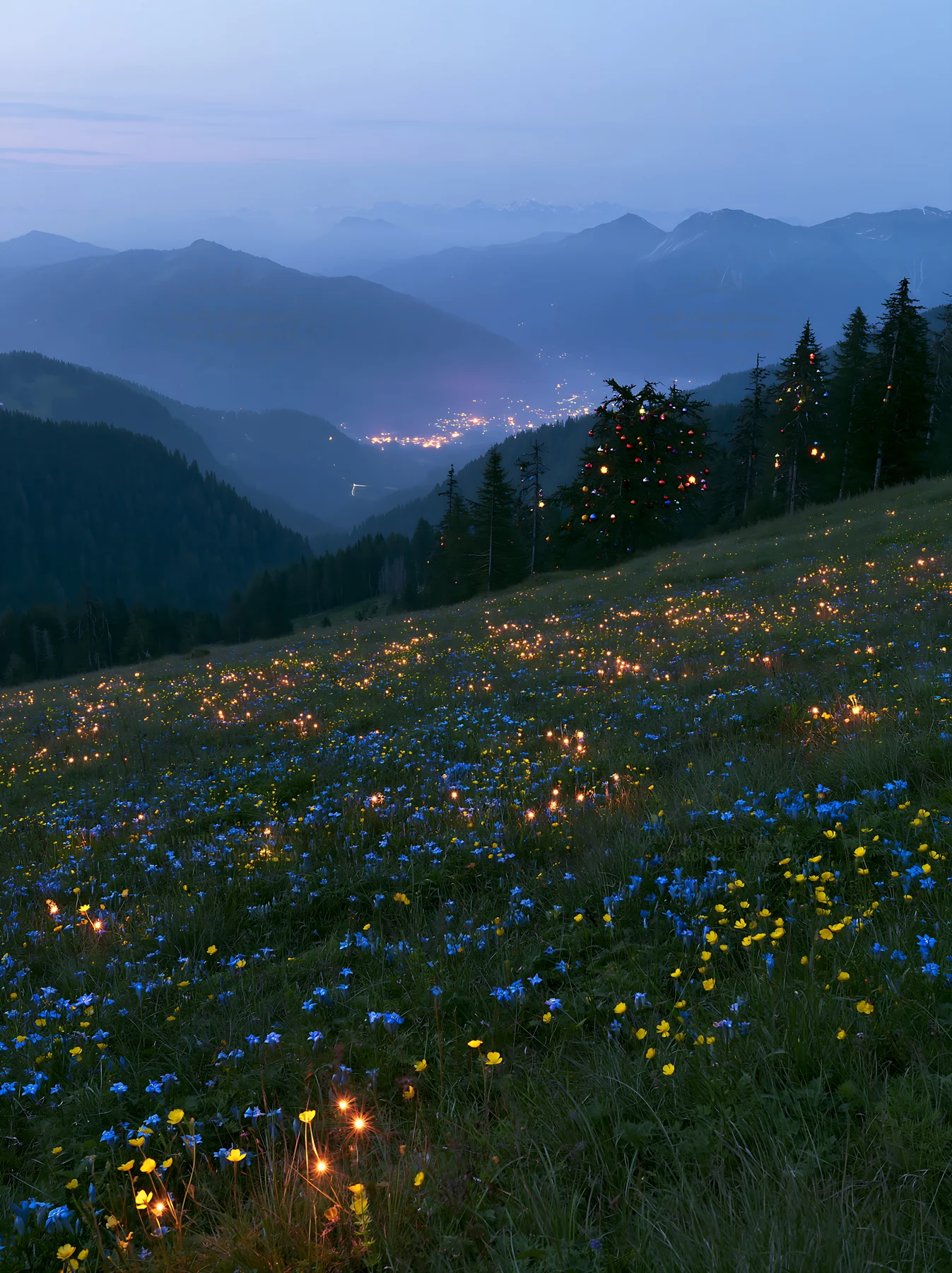 Christmas lights in a mountain valley meadow at dusk - AI-generated stock image