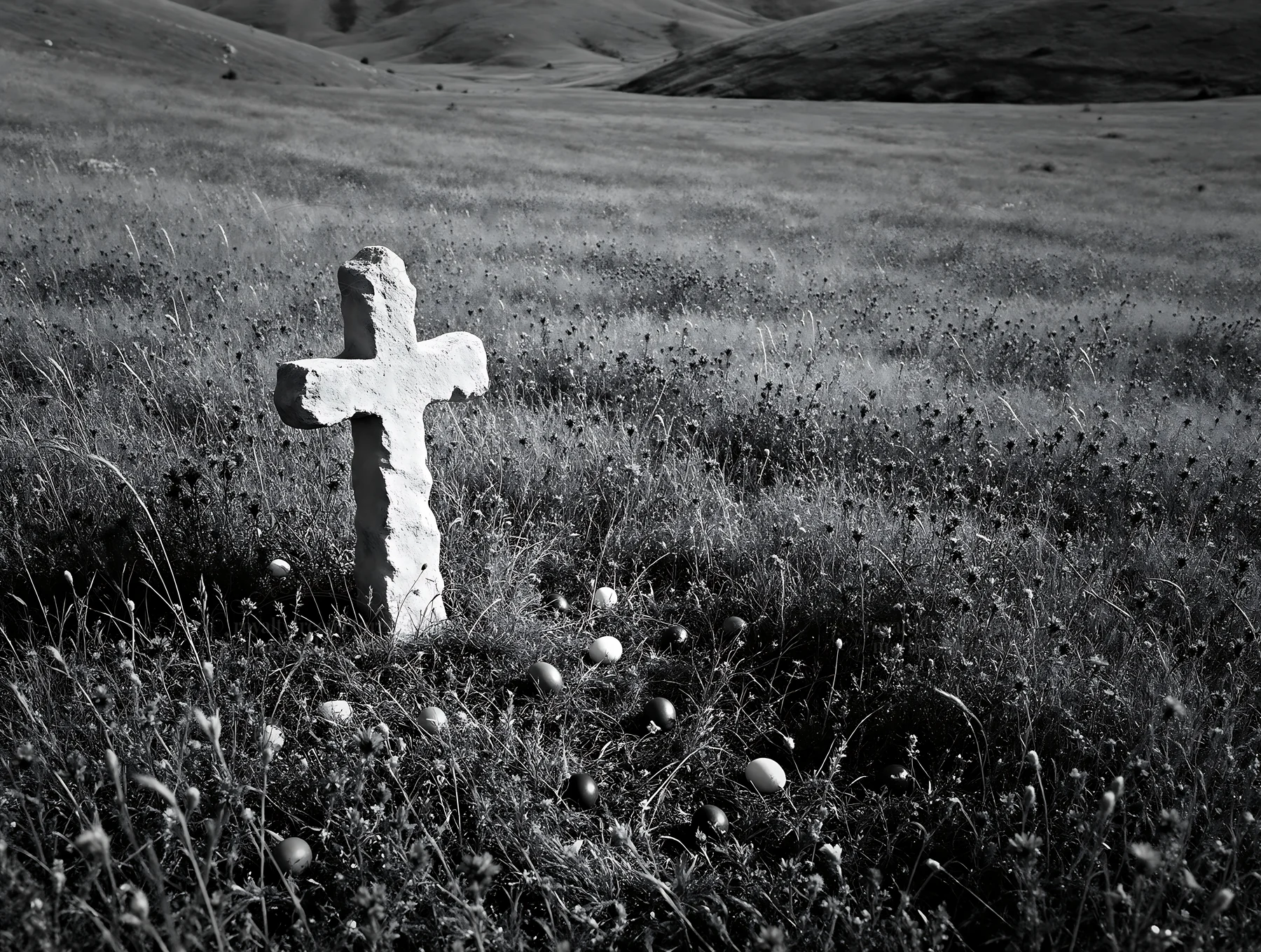 Aged Christian cross in a valley meadow during autumn - AI-generated stock image