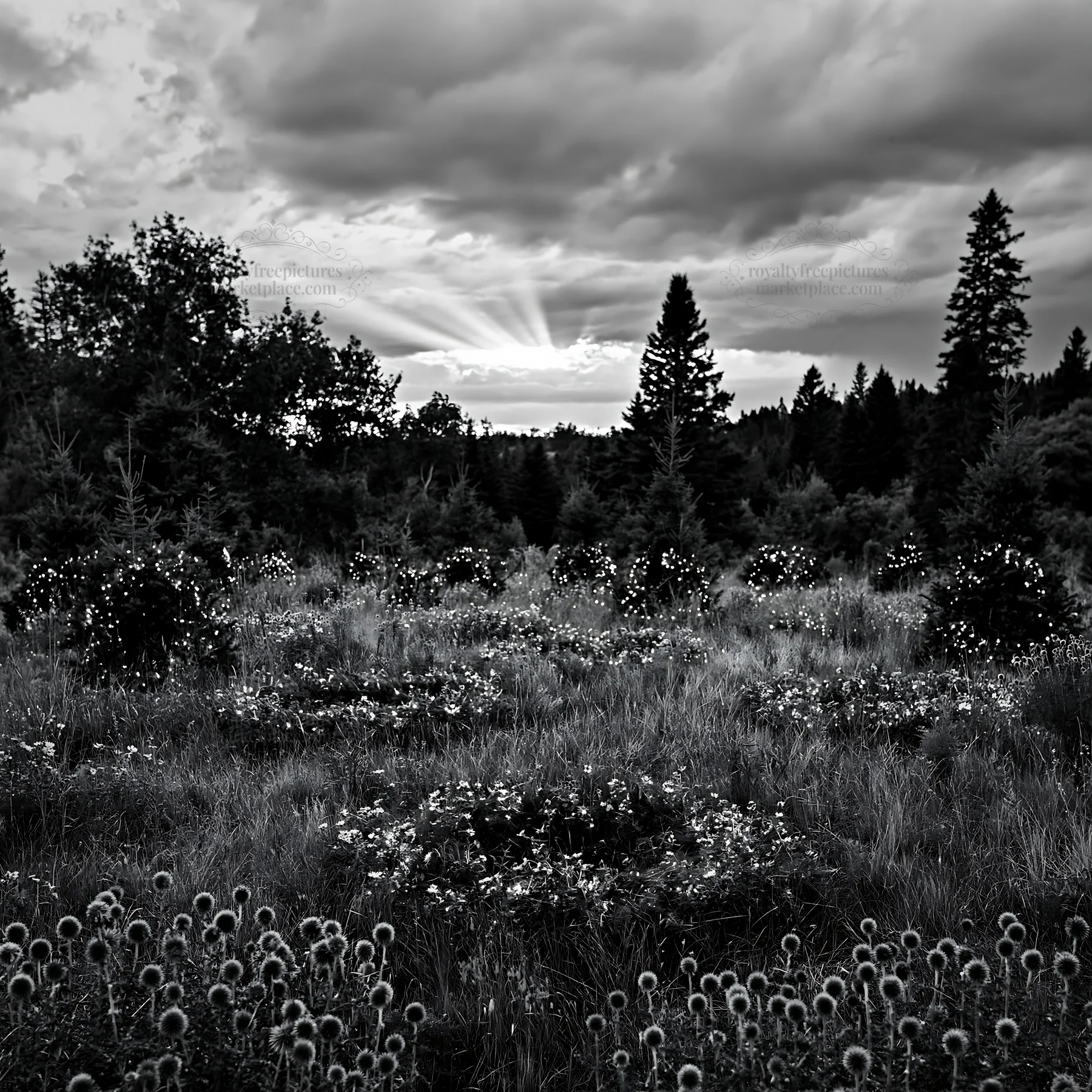 Christmas wreaths in meadow under dramatic clouds and rays - AI-generated stock image