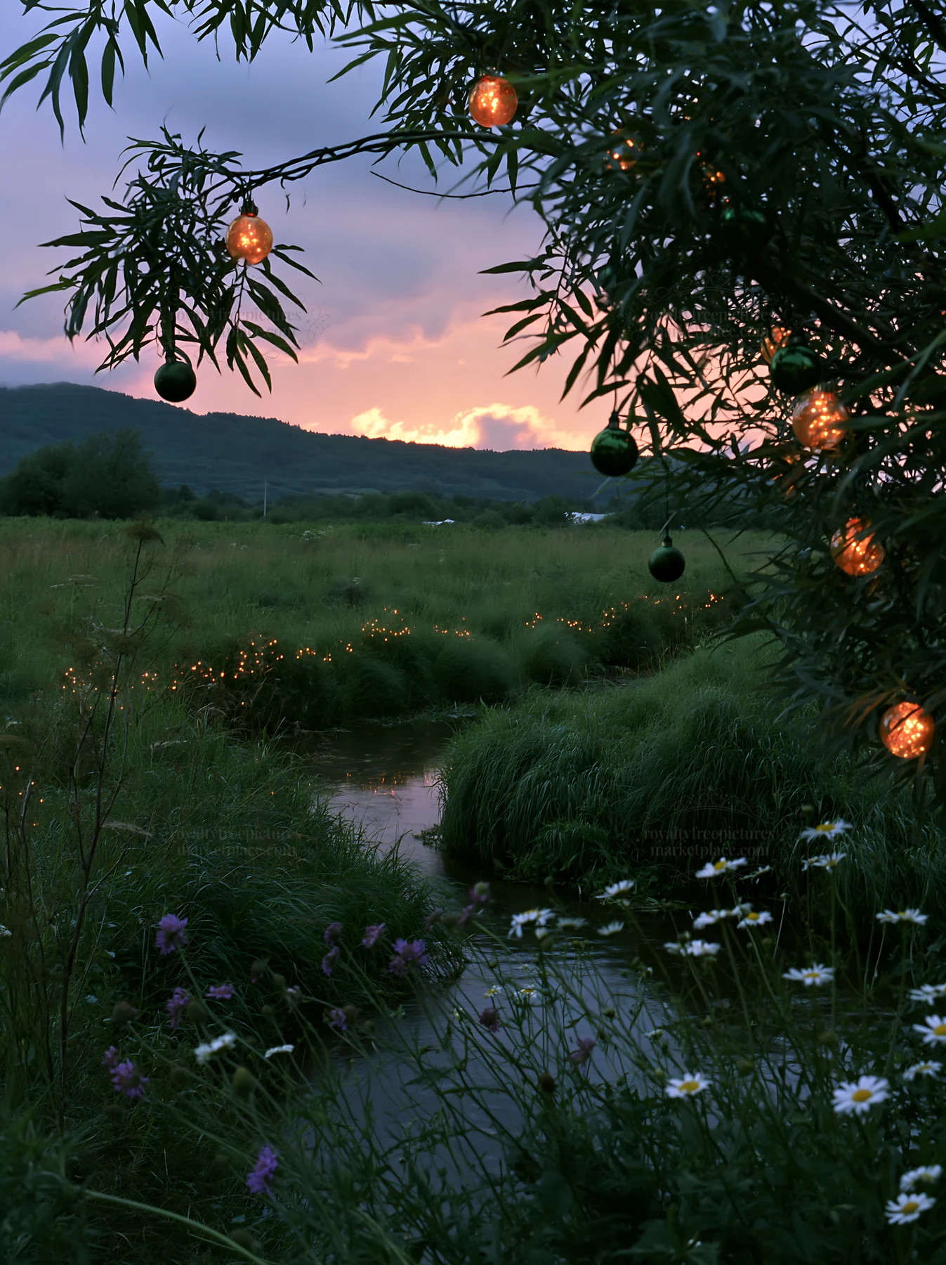 Christmas ornaments beside stream in meadow at sunset - AI-generated stock image