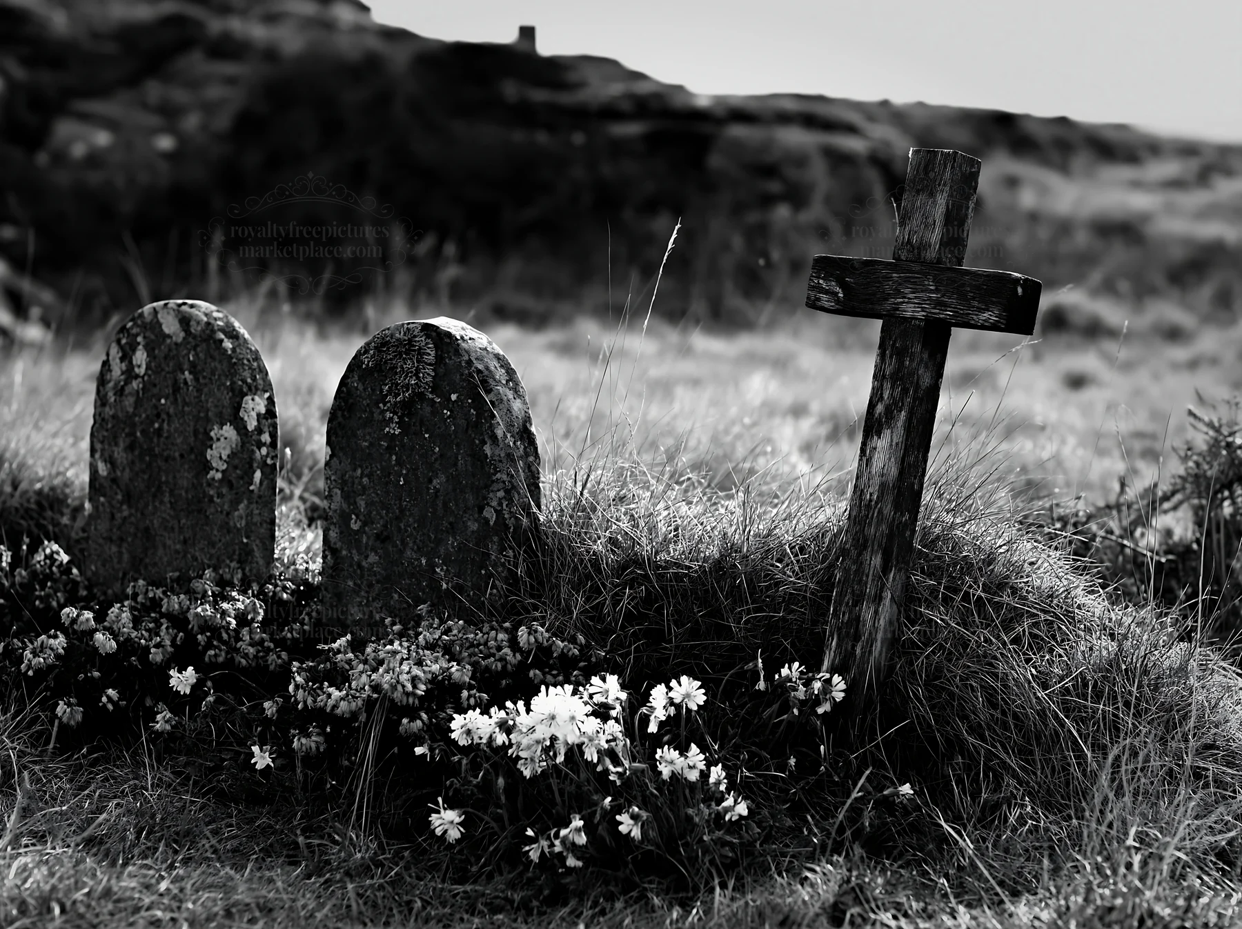 Christian cross among graves in a Christmas meadow - AI-generated stock image