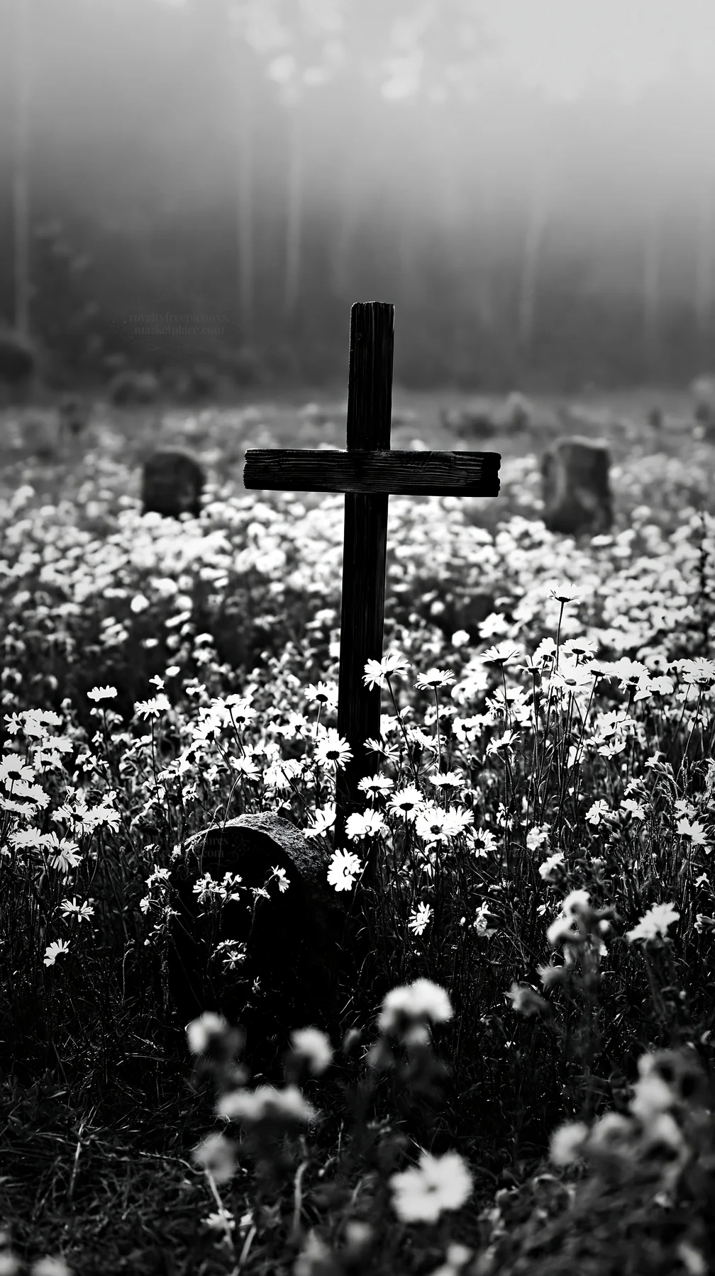 Wooden Christian cross in a meadow filled with flowers - AI-generated stock image
