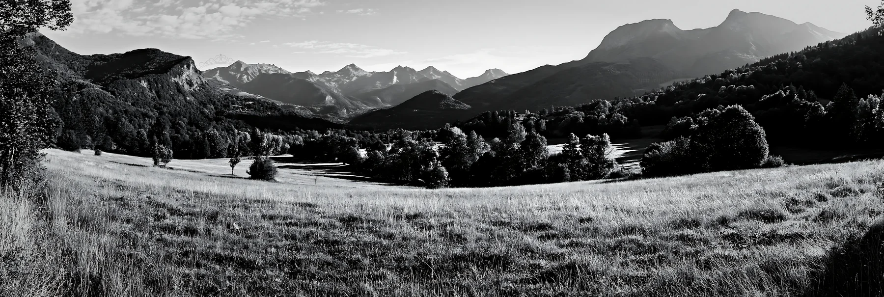 Black and white french meadow below Pyrenees range during daylight - AI-generated stock image