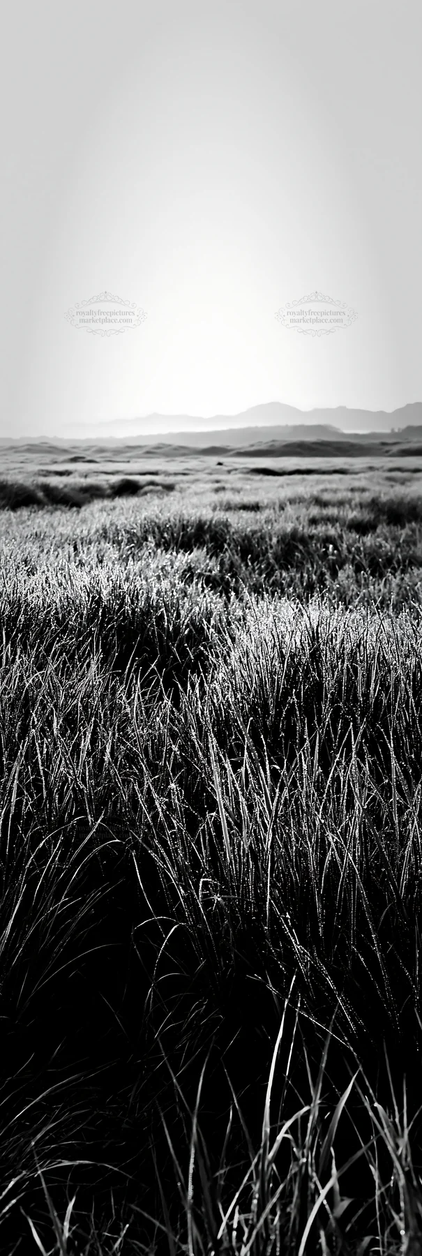 Black and white miyazaki sunrise meadow dew covered sedges - AI-generated stock image