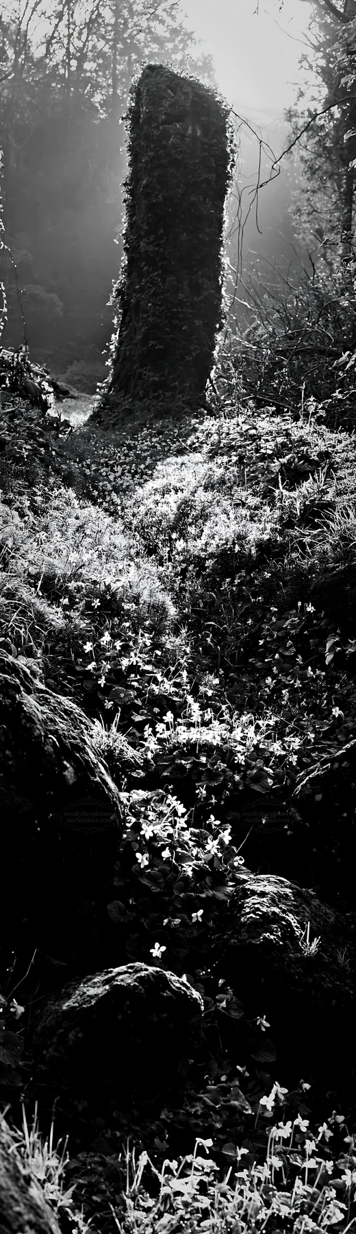 Black and white miyagi spring recovery meadow mossy stone with flowers - AI-generated stock image