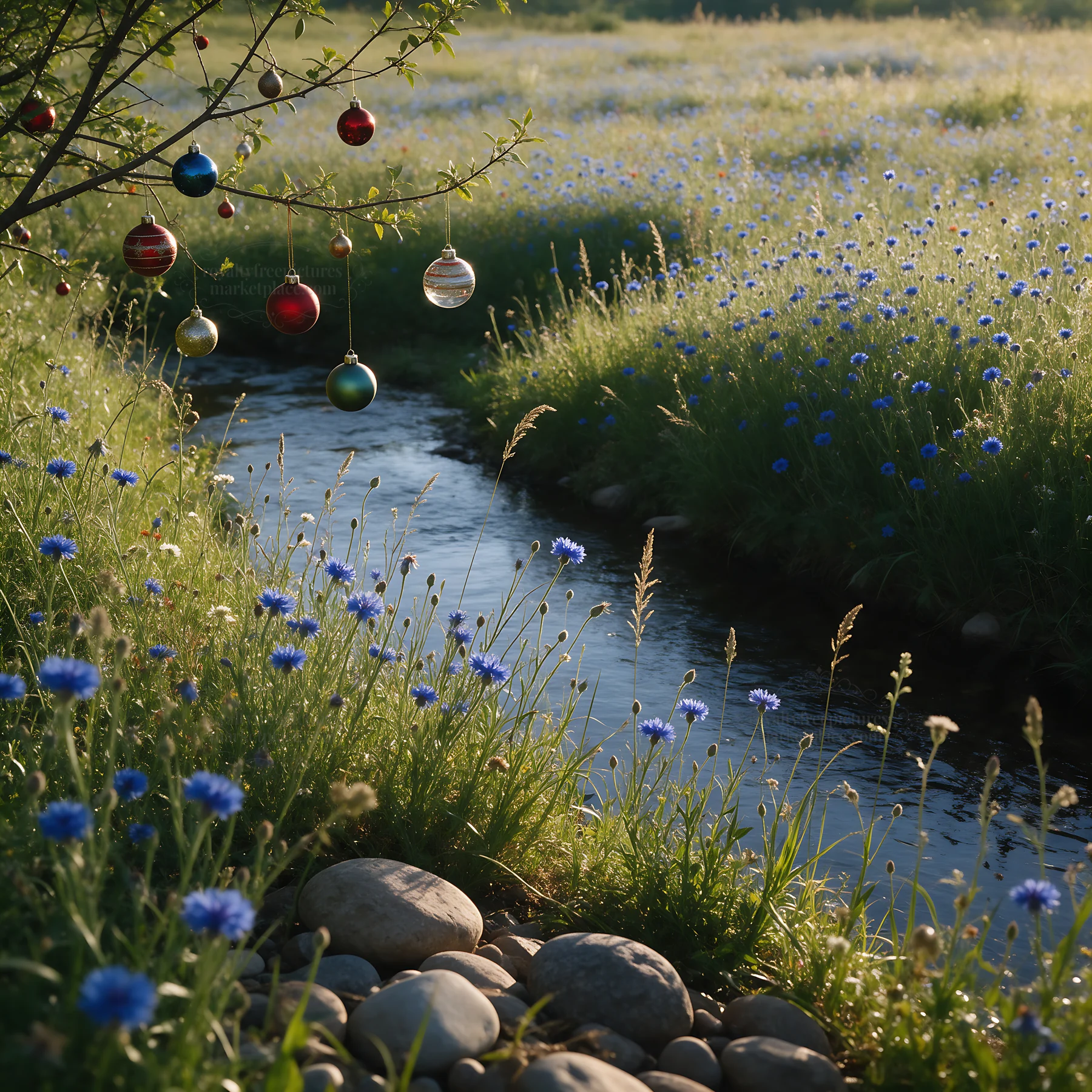Christmas ornaments above stream in meadow - AI-generated stock image