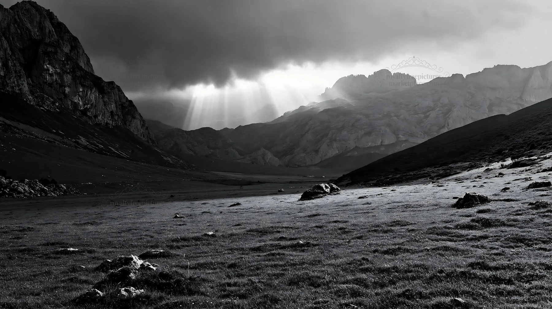 Picos de Europa meadow with sunrays shining through clouds - AI-generated stock image