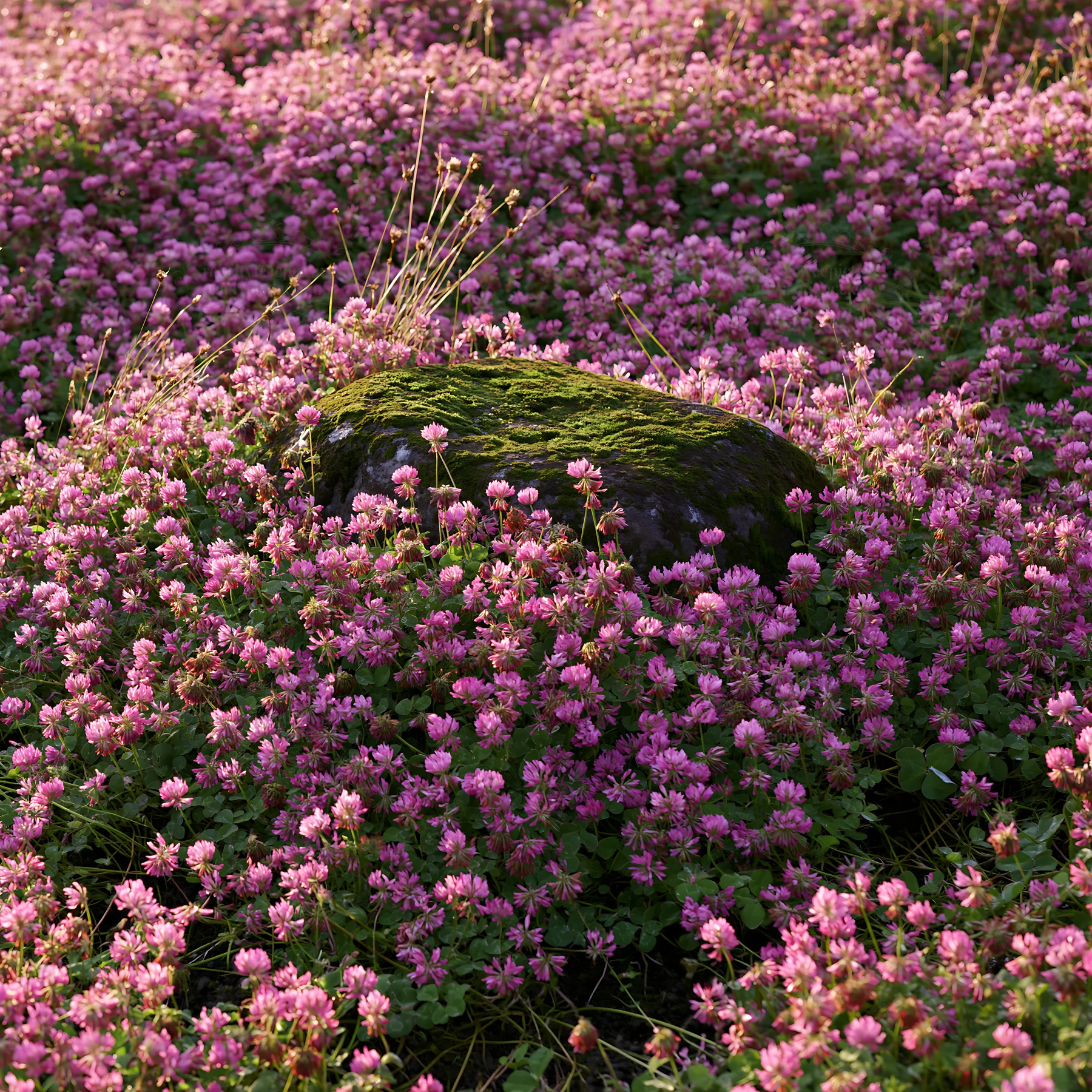 Miyagi spring recovery meadow mossy stone in blooming flowers - AI-generated stock image