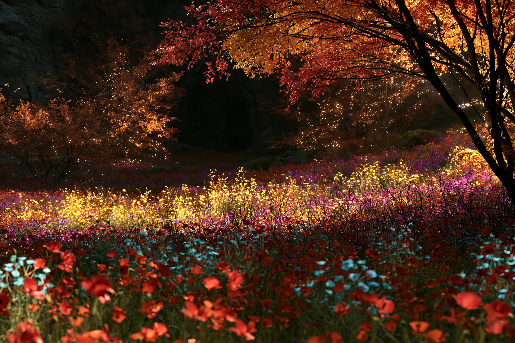 Christmas lights in meadow by cave - AI-generated stock image