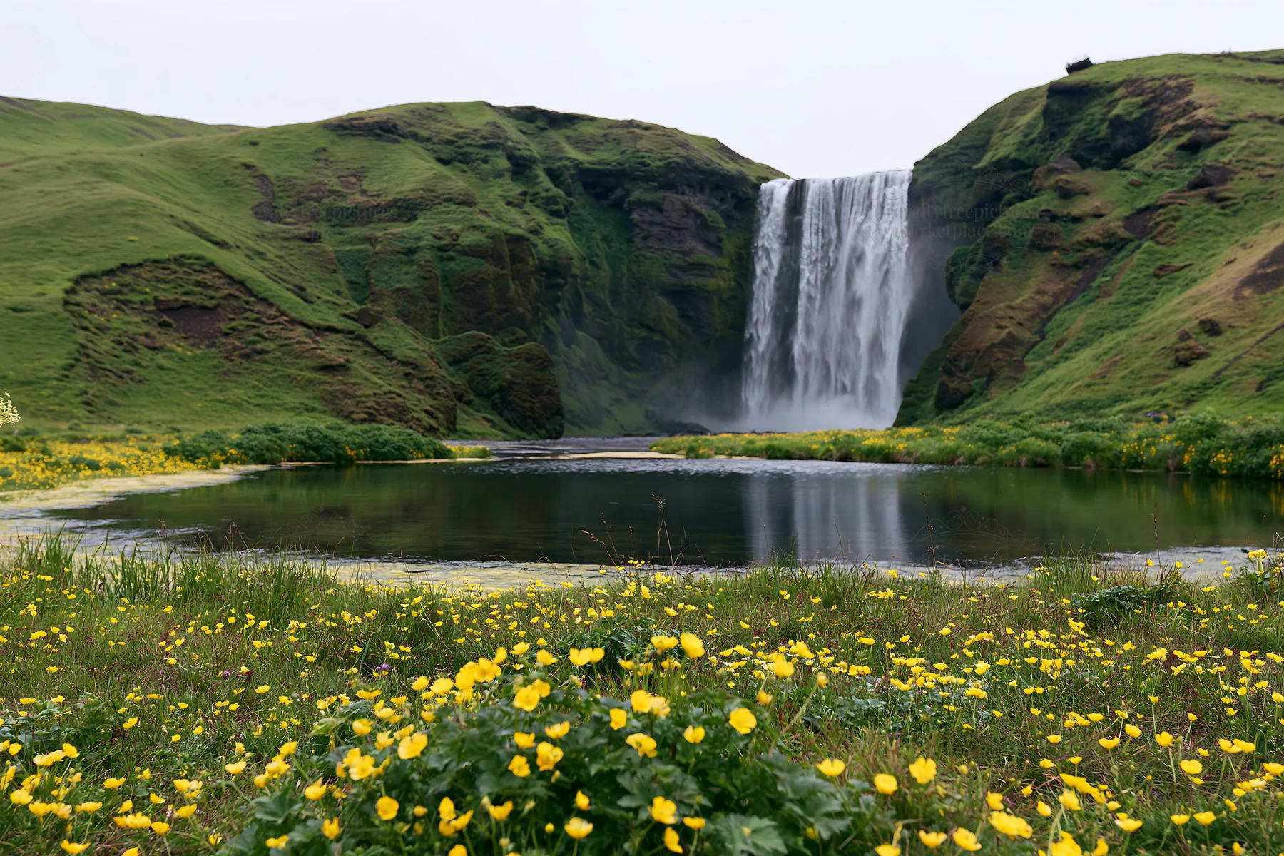 Flower meadow with waterfall reflection in Iceland - AI-generated stock image