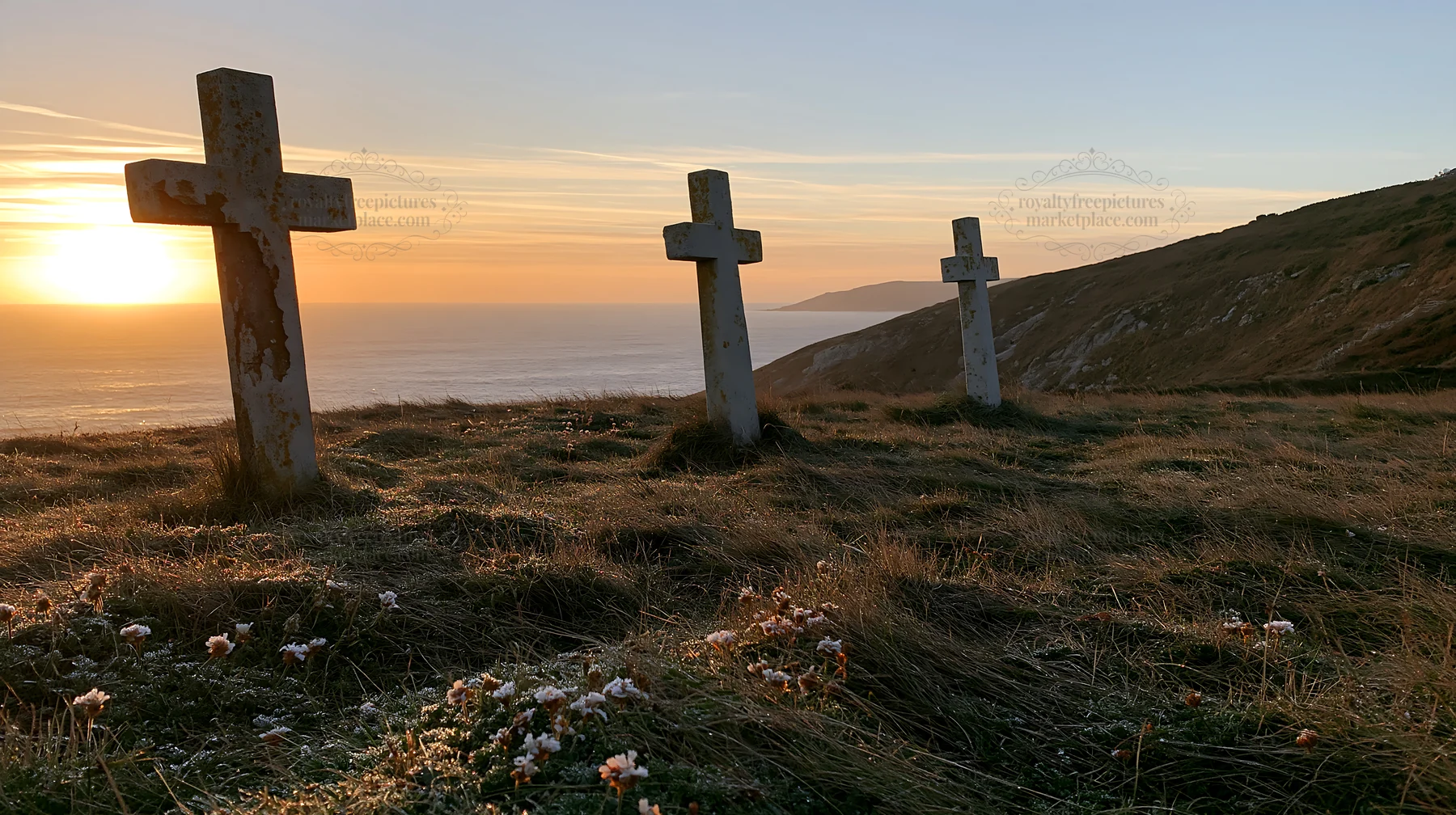 Three Christian crosses in a meadow at sunrise - AI-generated stock image