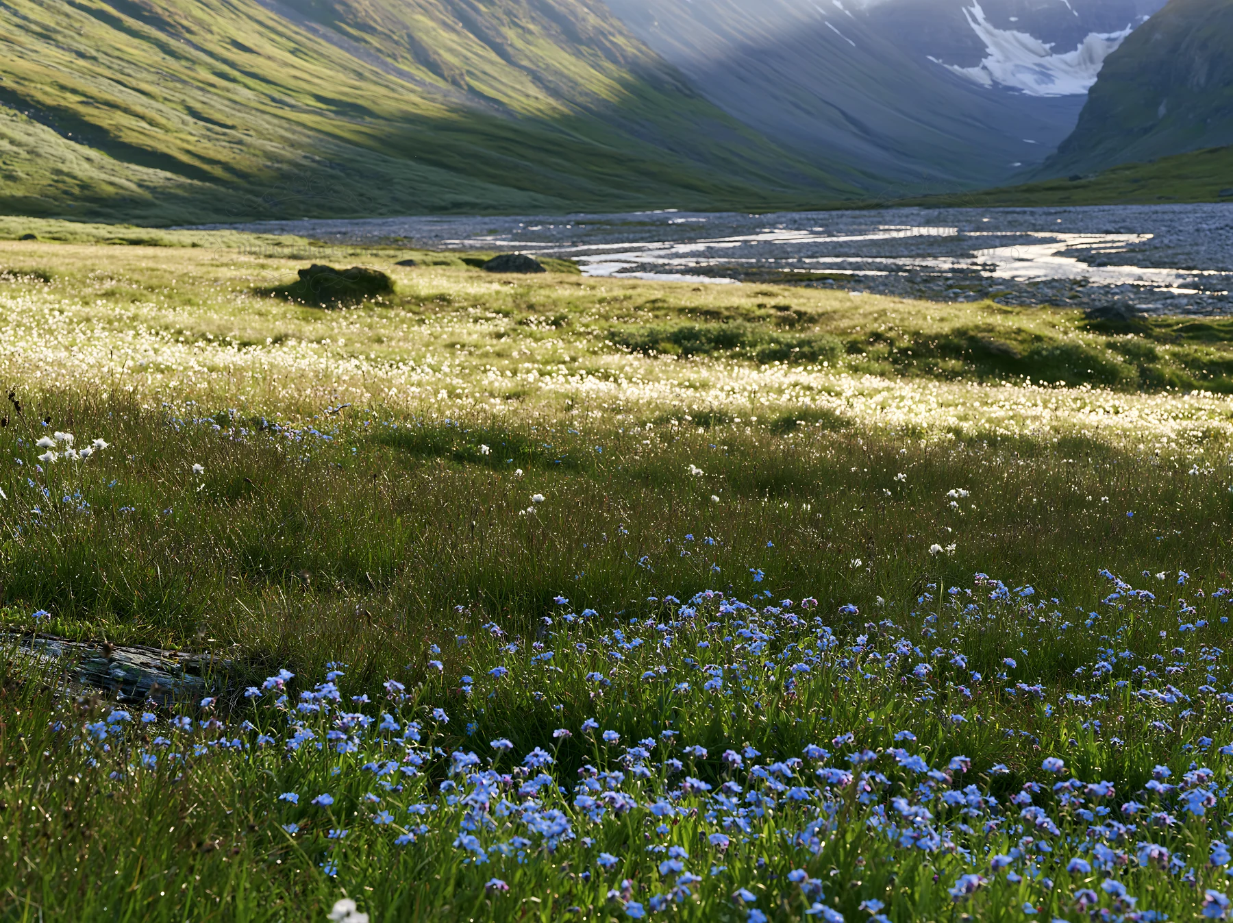 Meadow with blue flowers and river in a valley setting - AI-generated stock image