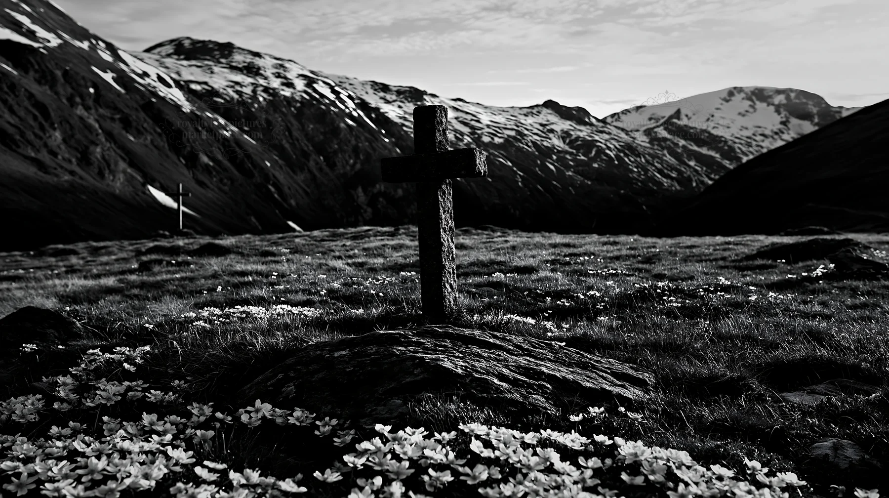 Stone Christian cross in alpine valley meadow - AI-generated stock image