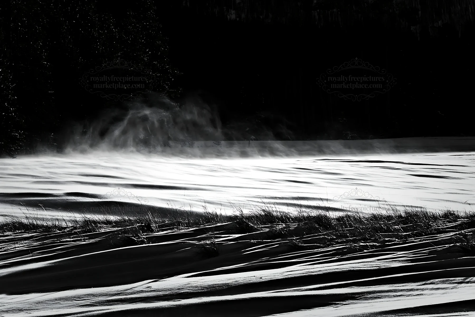 Snowy Rocky Mountain Park meadow with wind patterns - AI-generated stock image