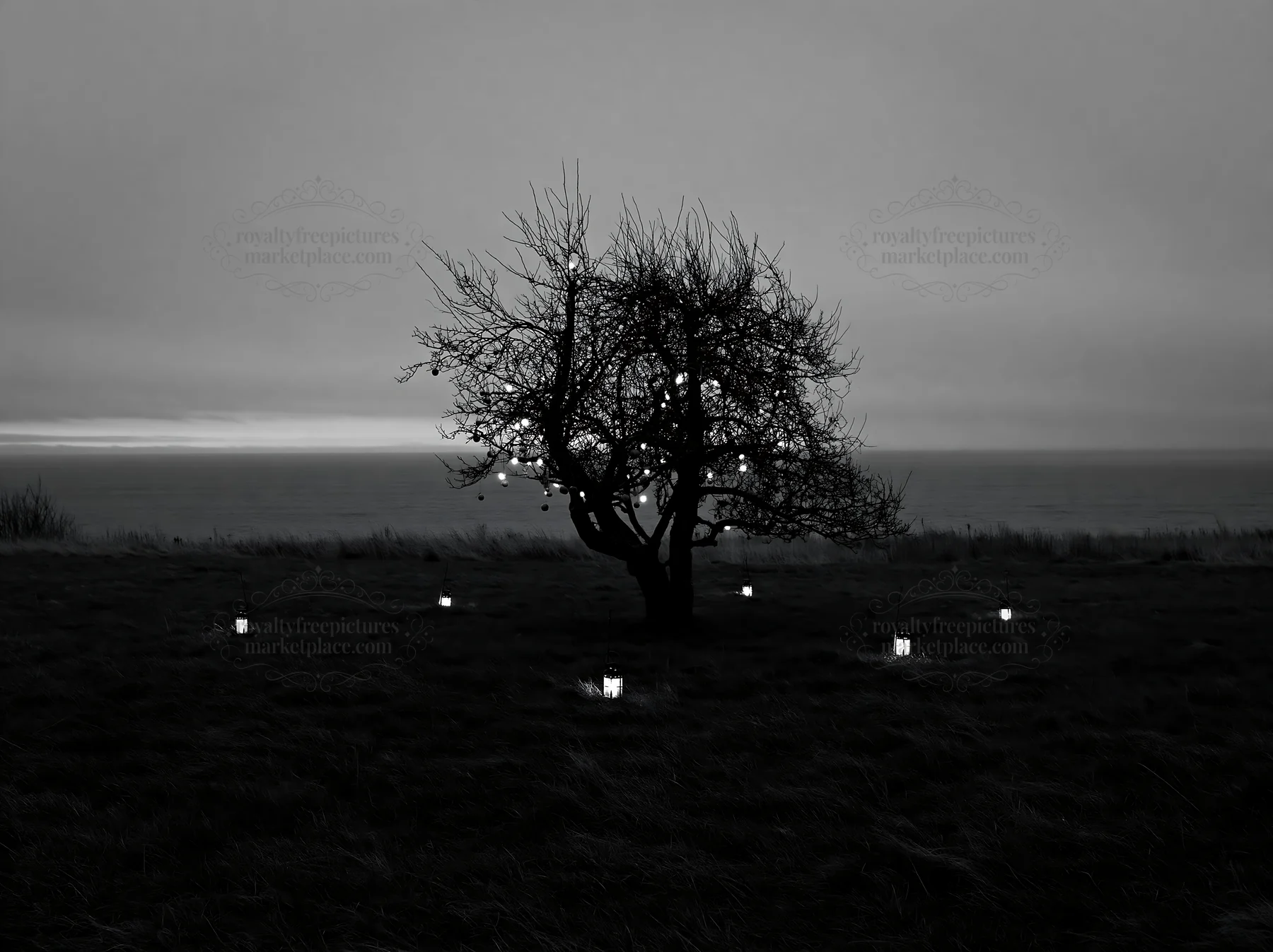 Smart apple tree meadow with lights at dusk - AI-generated stock image