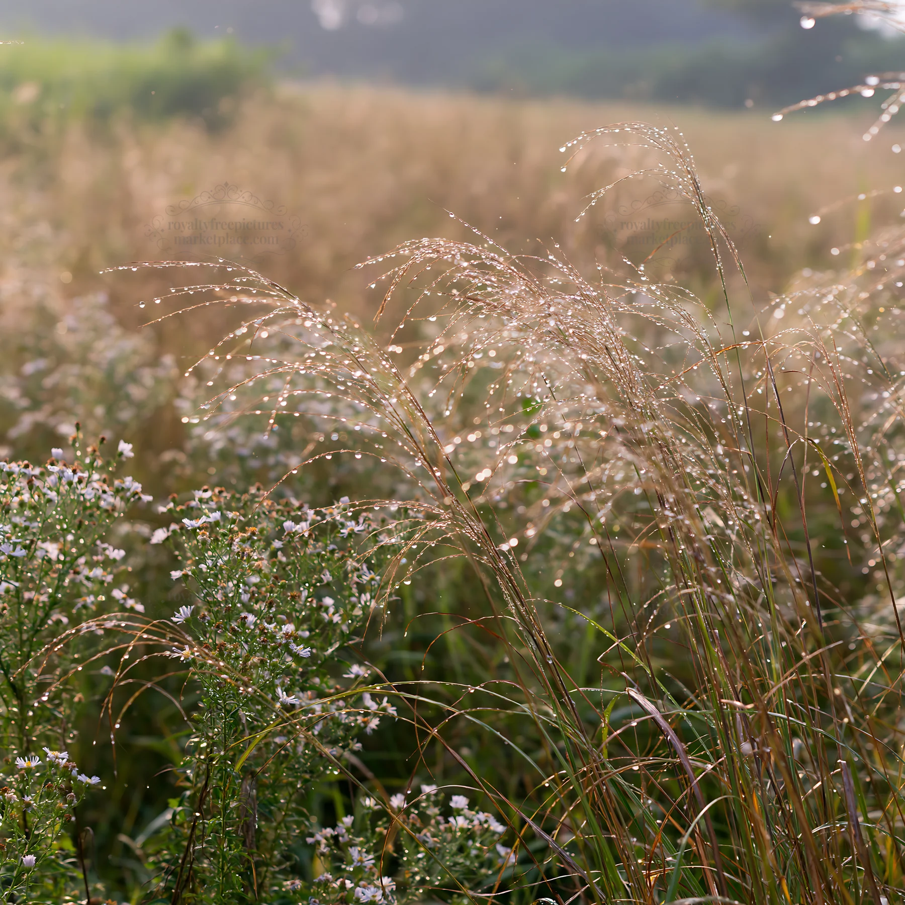 Fukui native grass meadow rain droplets create a natural scene - AI-generated stock image