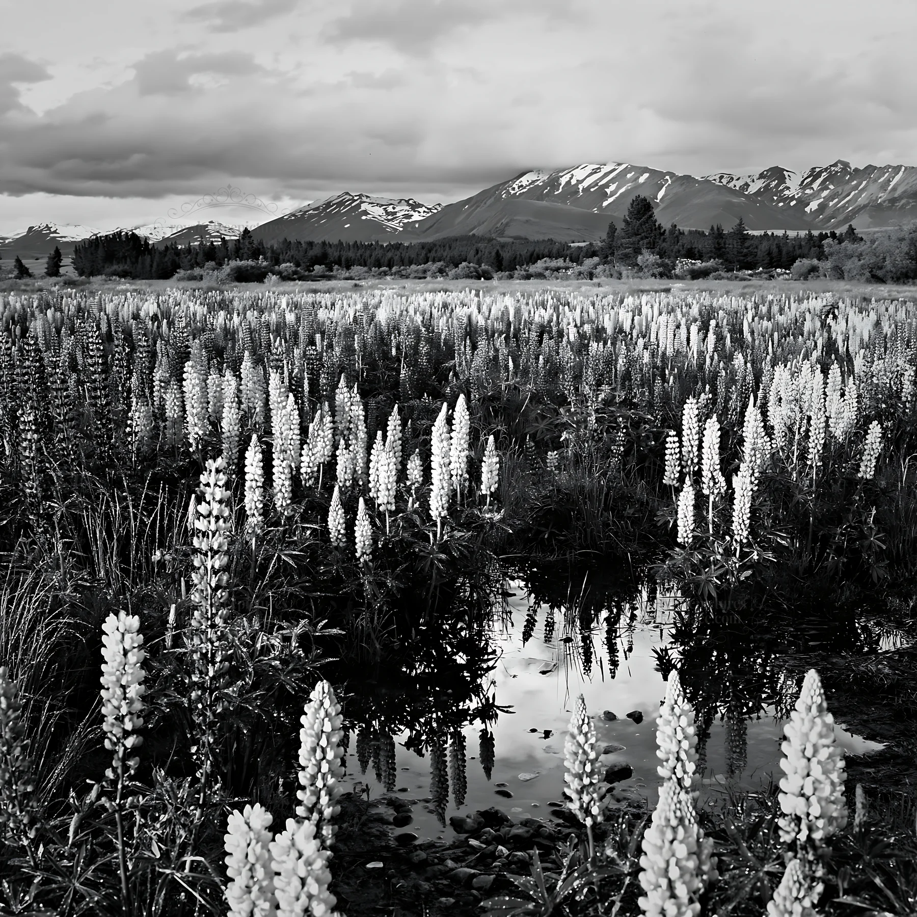 Colorful lupine meadow with mountains in the background - AI-generated stock image