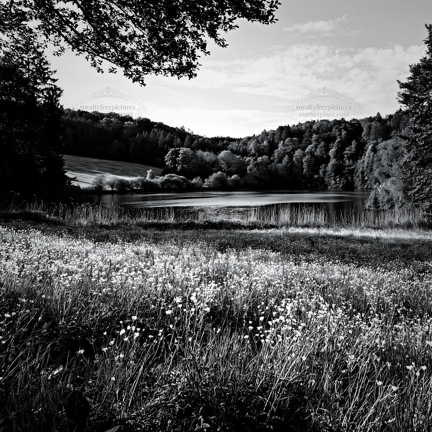 Black and white german lakeside meadow with greenery and blooming flowers - AI-generated stock image