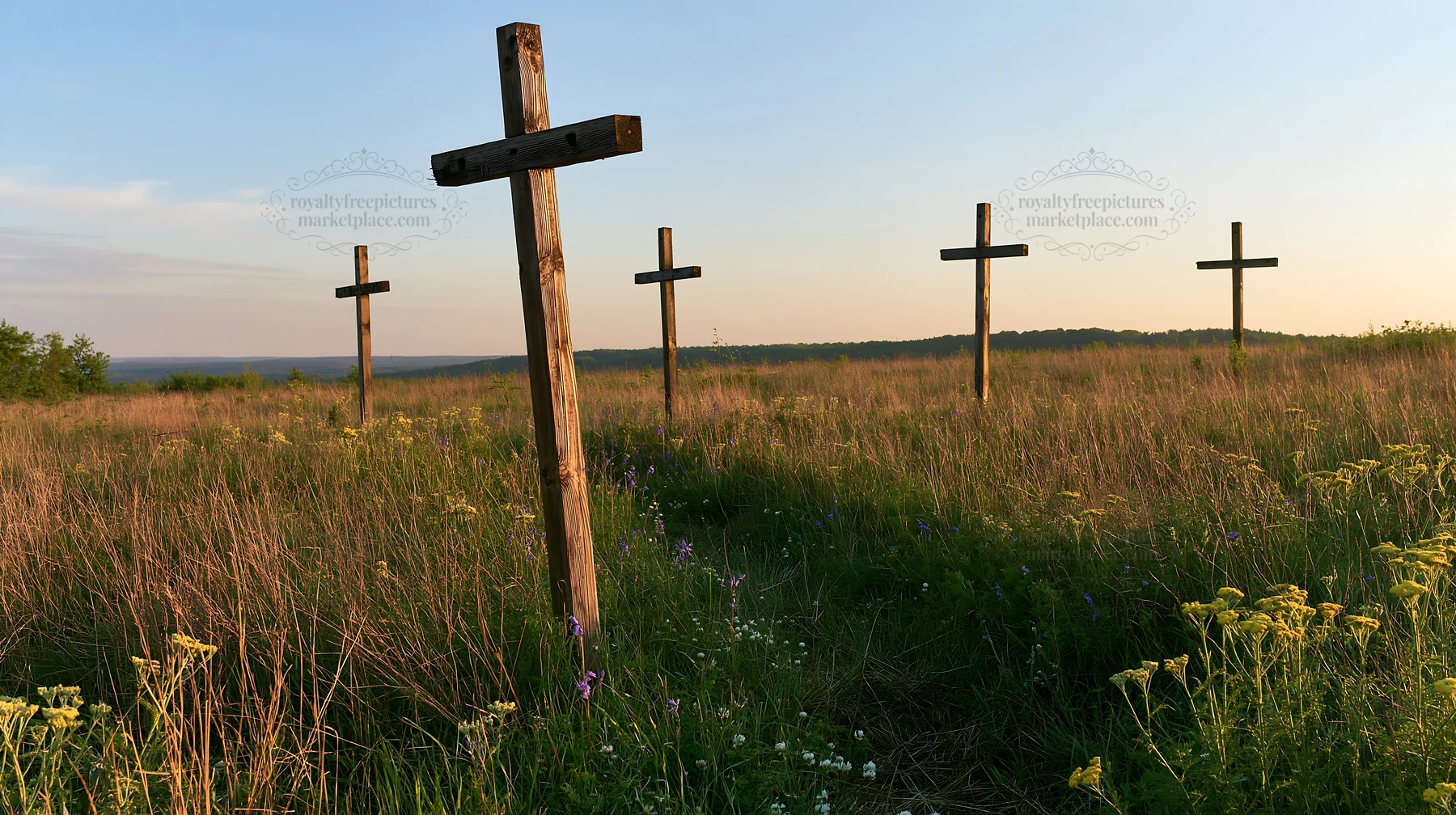 Four wooden crosses in a meadow during the day - AI-generated stock image