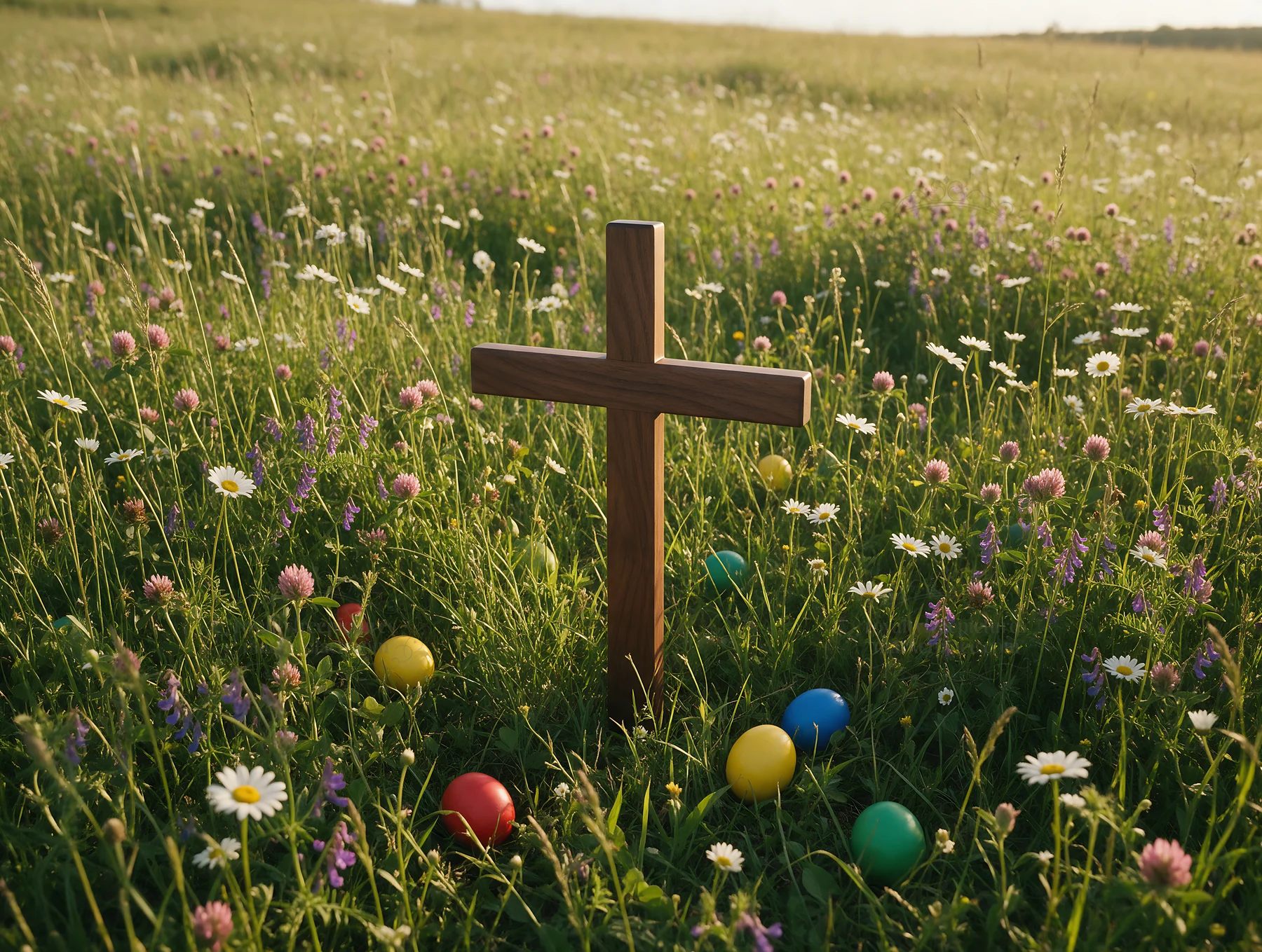 Dark Christian cross in summer meadow with colorful eggs - AI-generated stock image