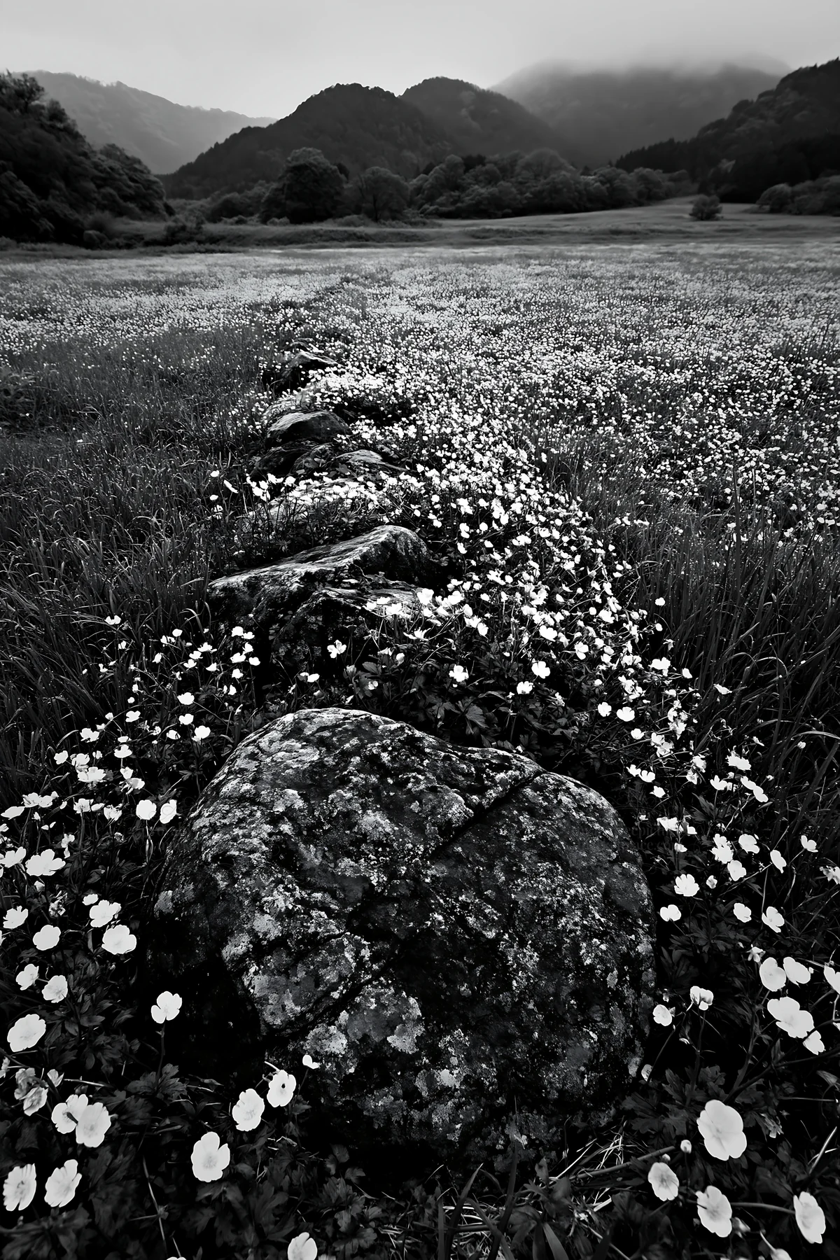 Wildflower meadow in Kyoto with stones in foreground - AI-generated stock image