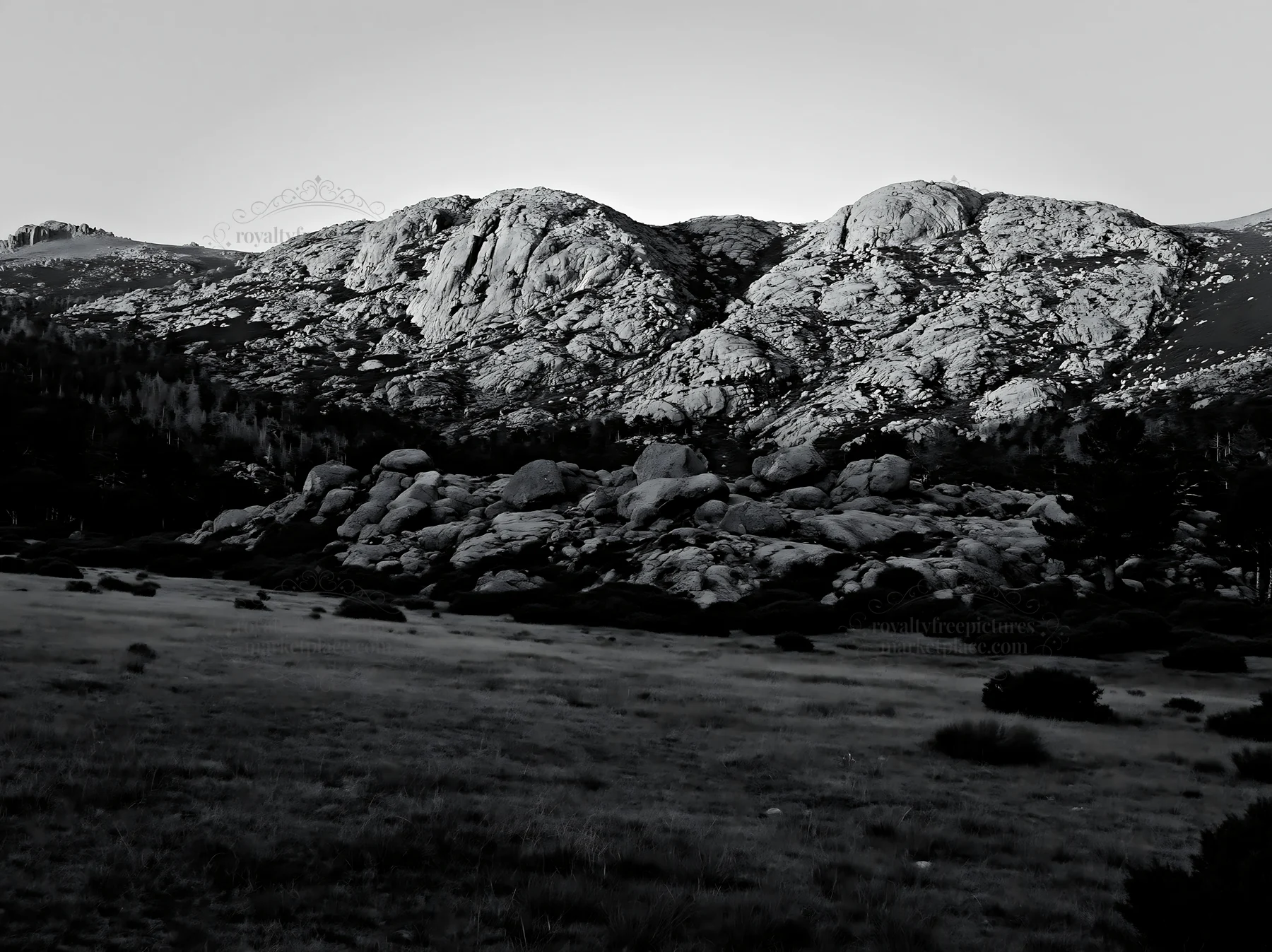 Meadow near crags with rocks under a gray sky - AI-generated stock image