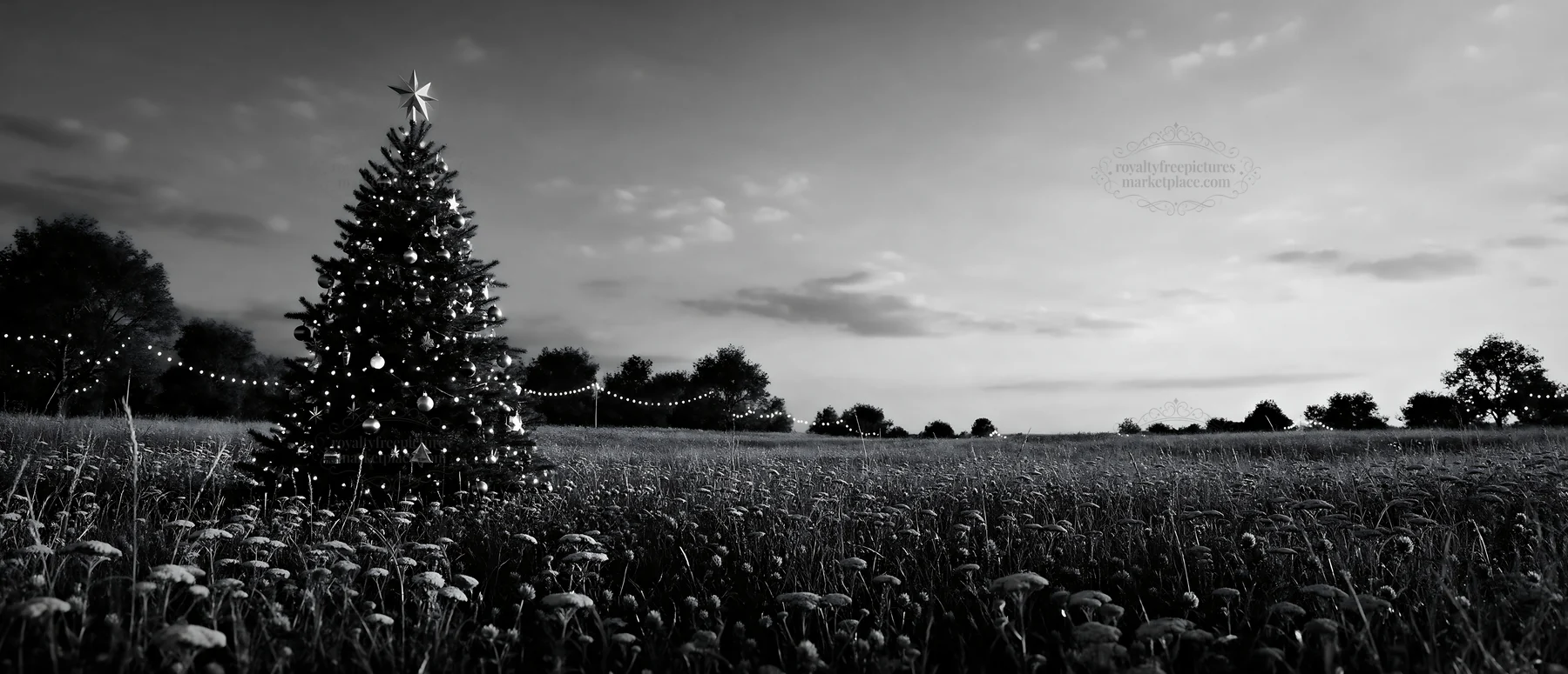 Vibrant Christmas tree set in meadow at dusk - AI-generated stock image