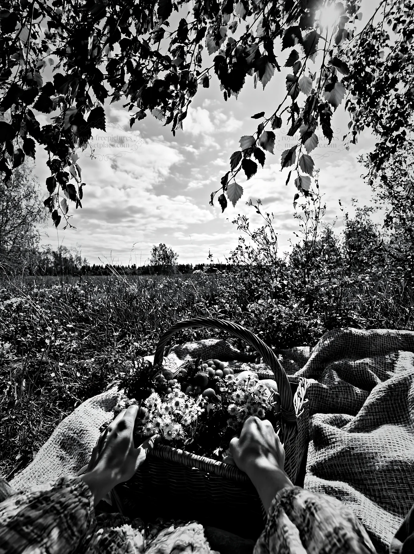 Easter basket in a meadow during springtime - AI-generated stock image