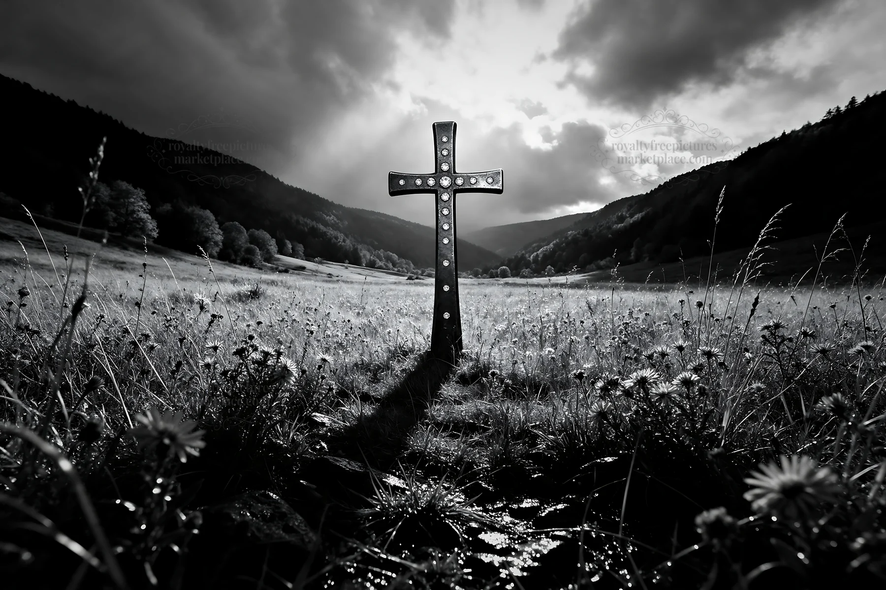 Aged Christian cross in autumn valley meadow - AI-generated stock image