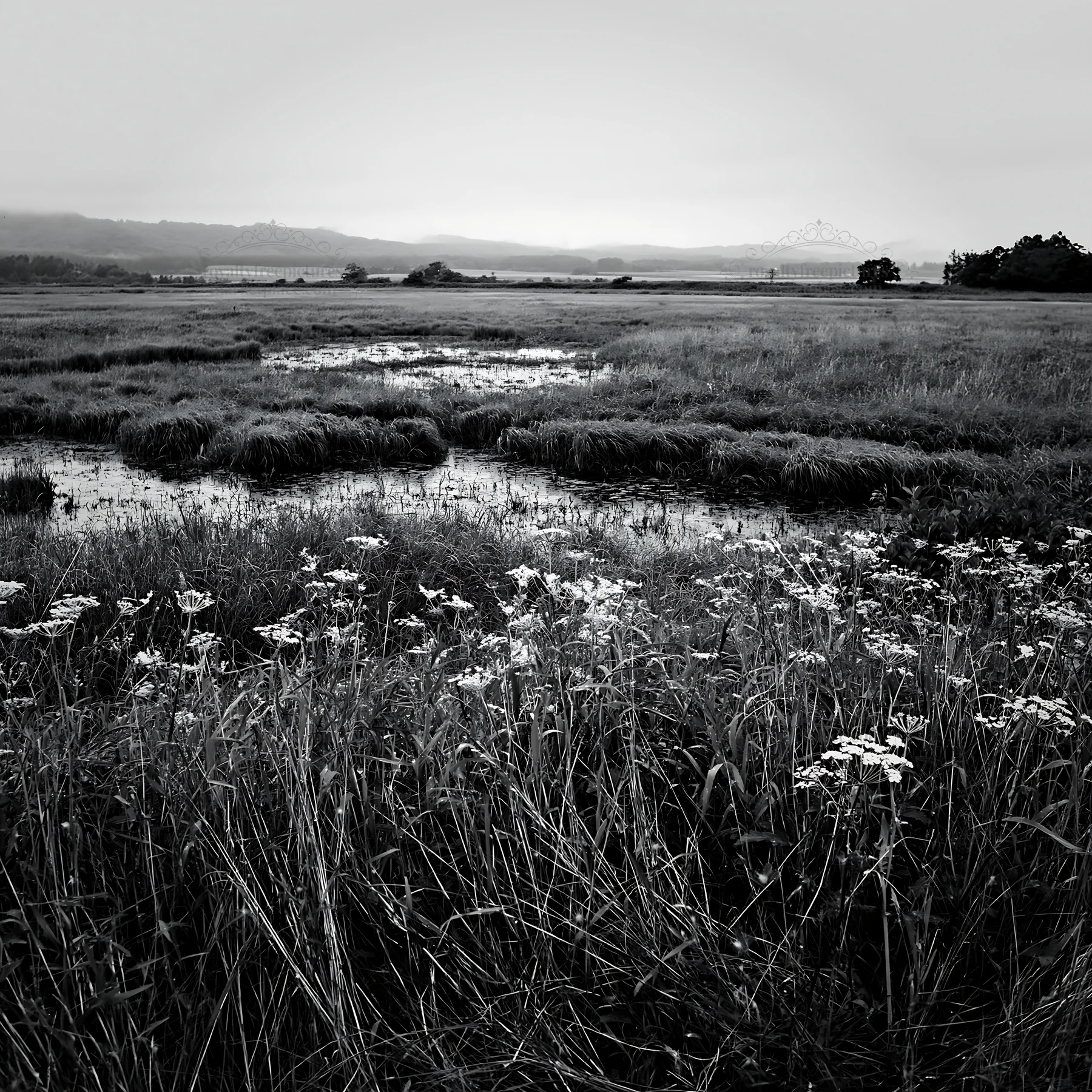 Black and white iwate rain refreshed meadow seedhead foreground - AI-generated stock image