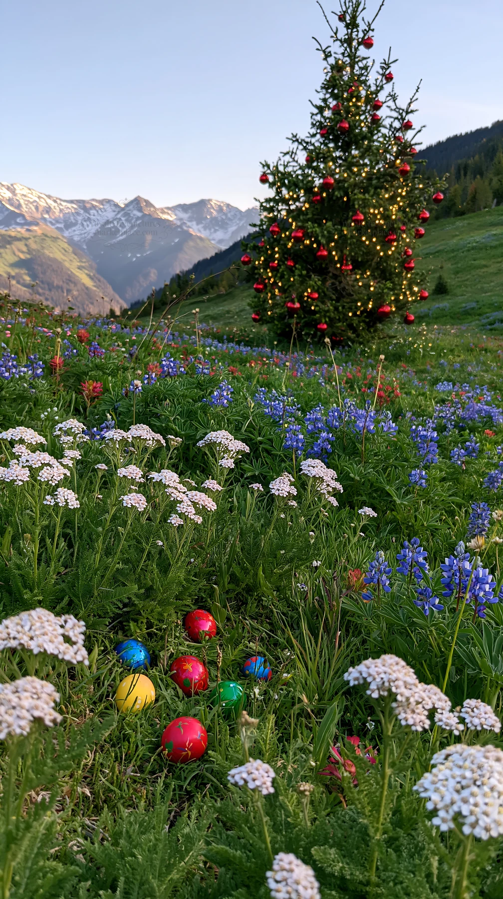 Christmas tree with baubles in meadow with mountains in background - AI-generated stock image