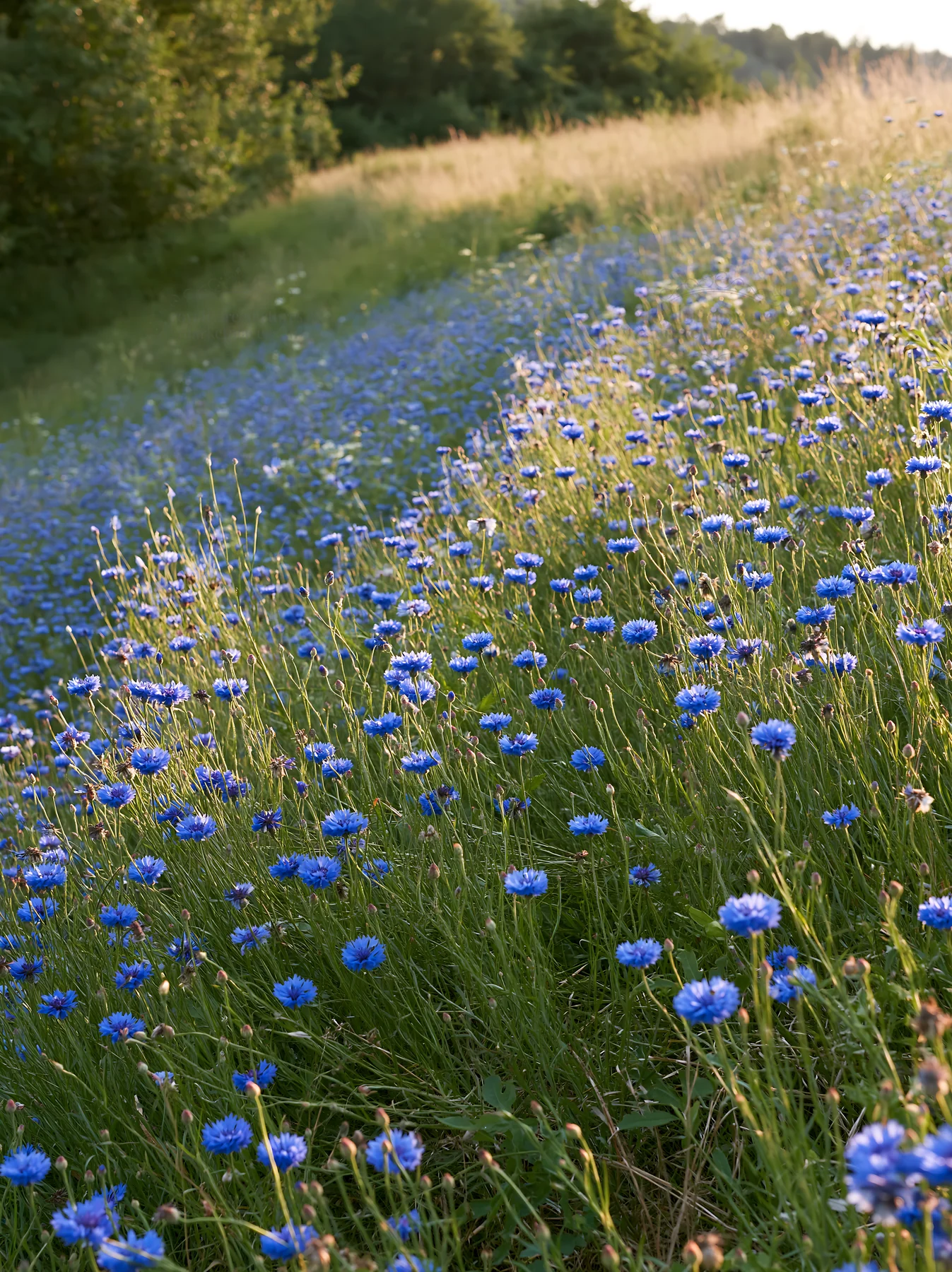 Cornflower meadow filled with vibrant blue flowers at sunset - AI-generated stock image