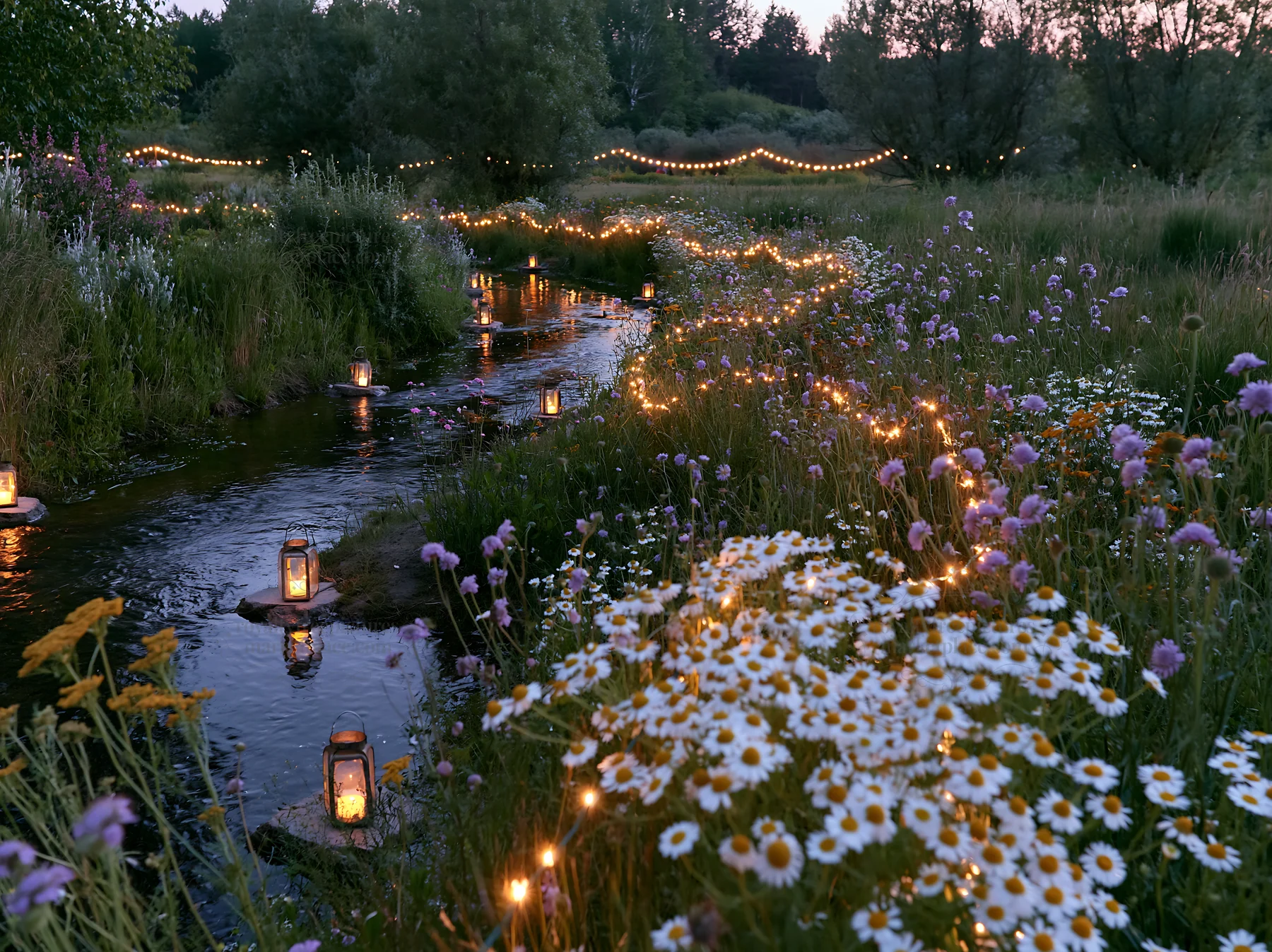 Christmas lights along stream in meadow - AI-generated stock image