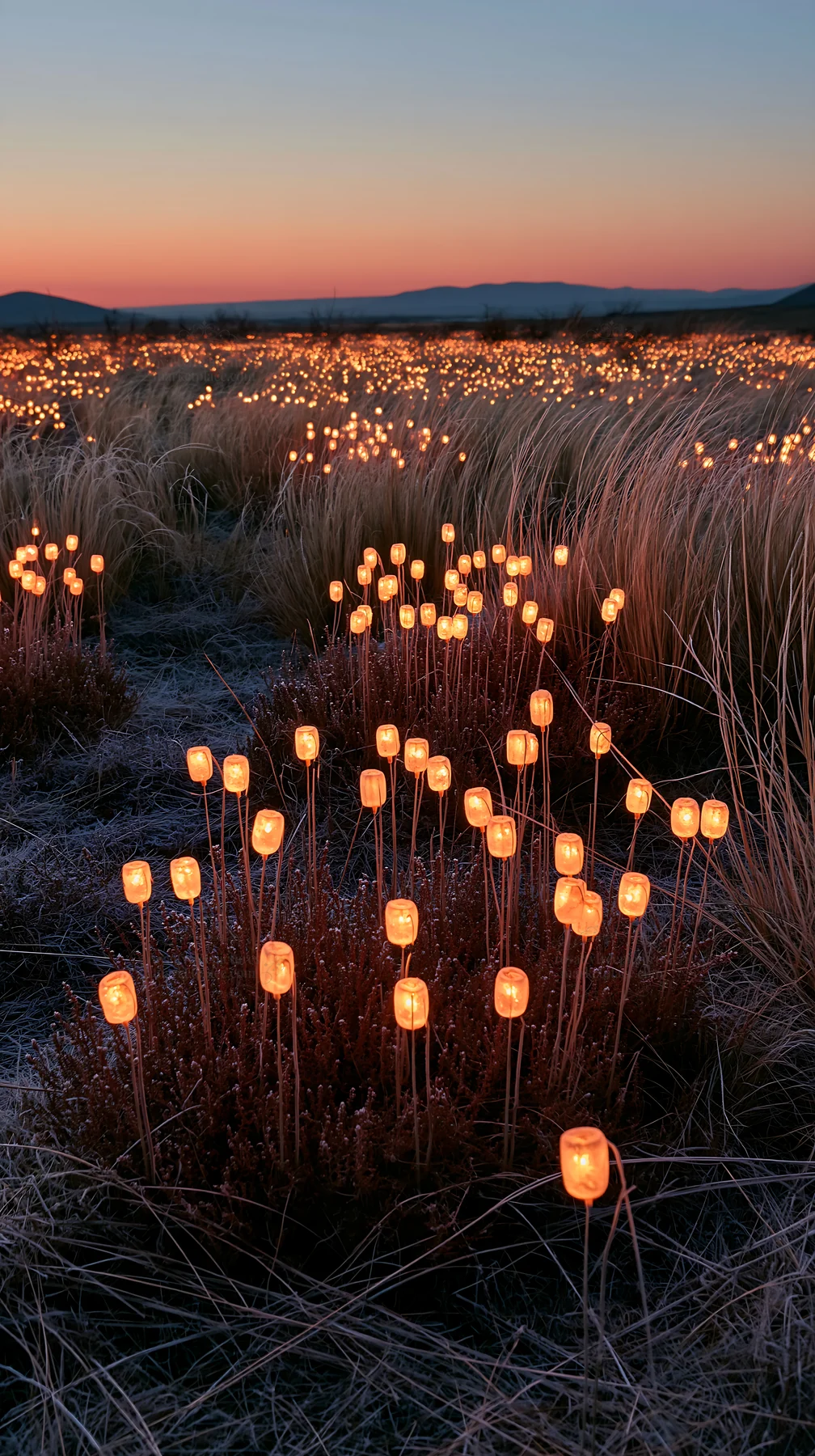 Frosty meadow with lanterns and seedheads at dusk - AI-generated stock image