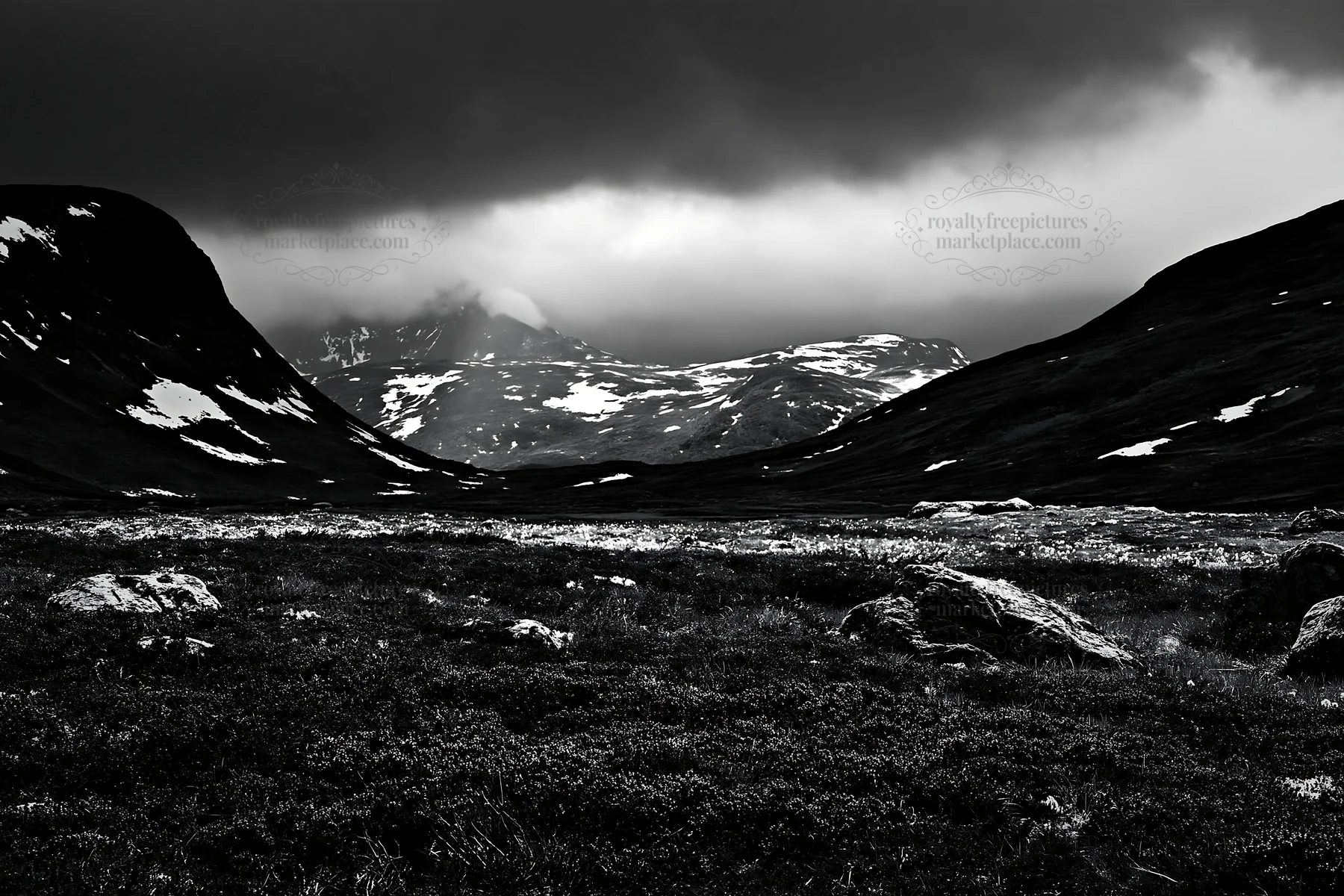 Sunbeams over Jotunheimen valley meadow with mountains - AI-generated stock image