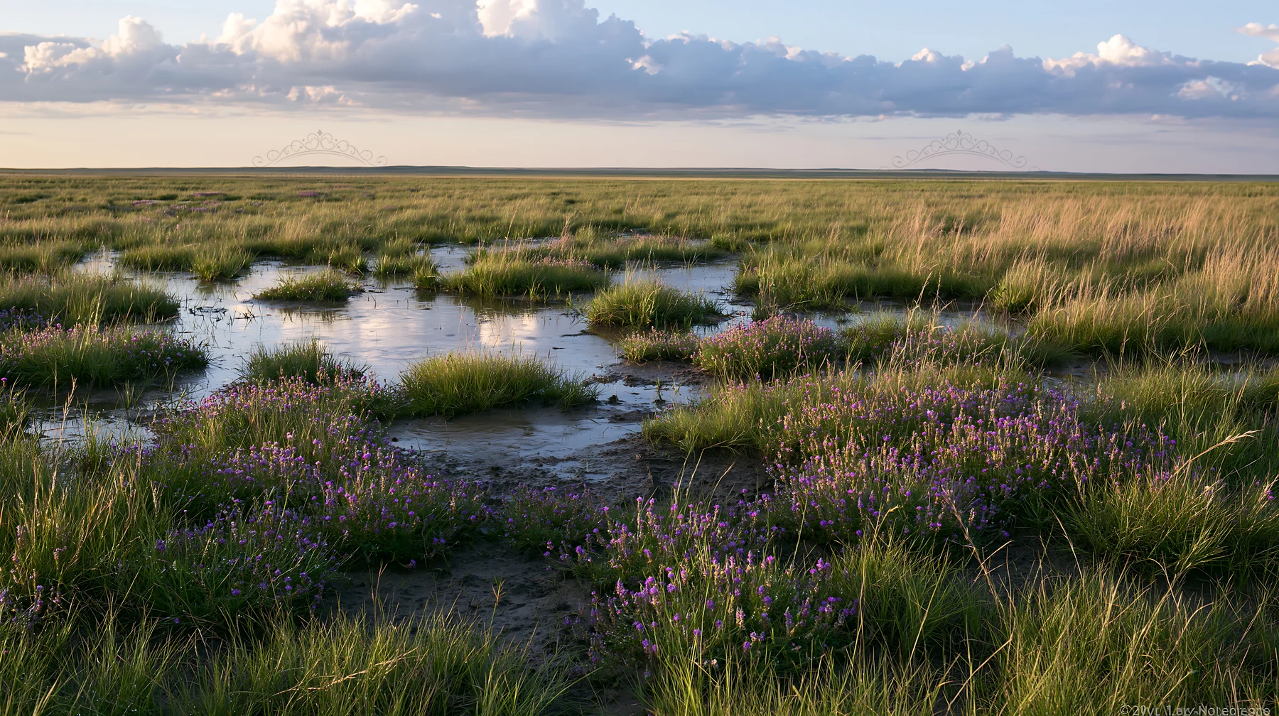 Drought-tolerant meadow with water pools and flowering plants - AI-generated stock image