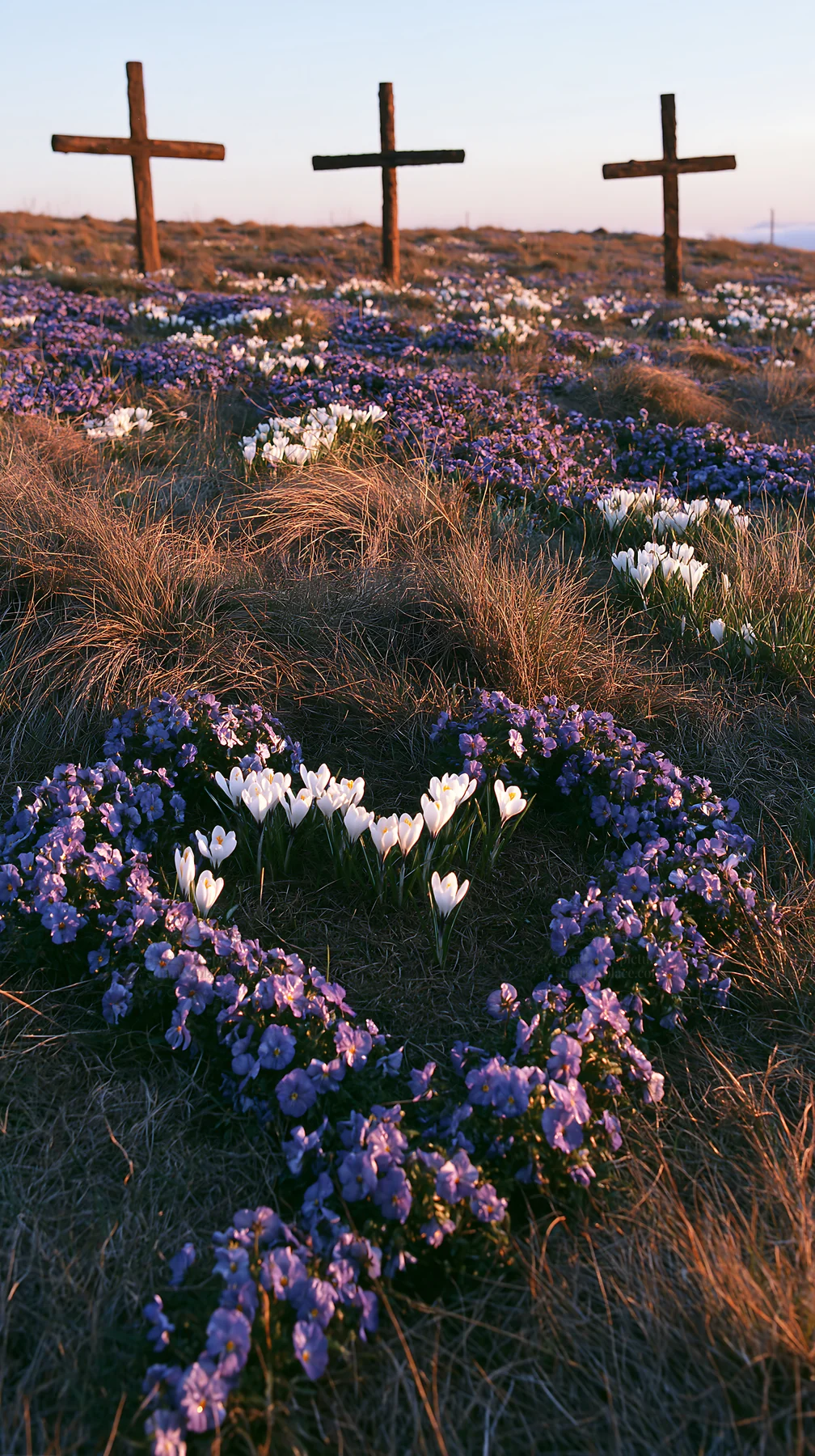 Rustic wooden crosses in a winter meadow with flowers - AI-generated stock image