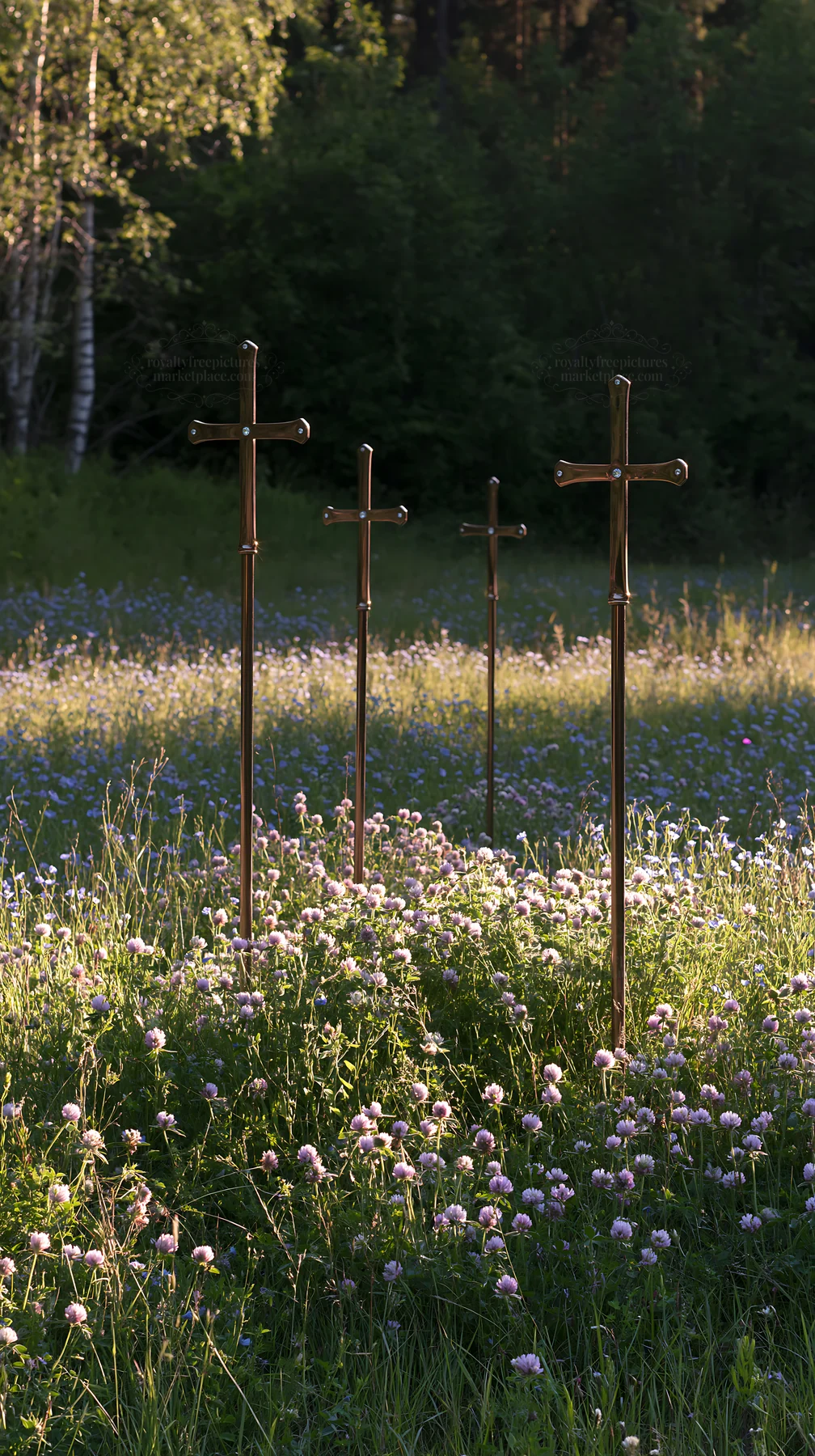 Christian crosses in a meadow with wildflowers - AI-generated stock image
