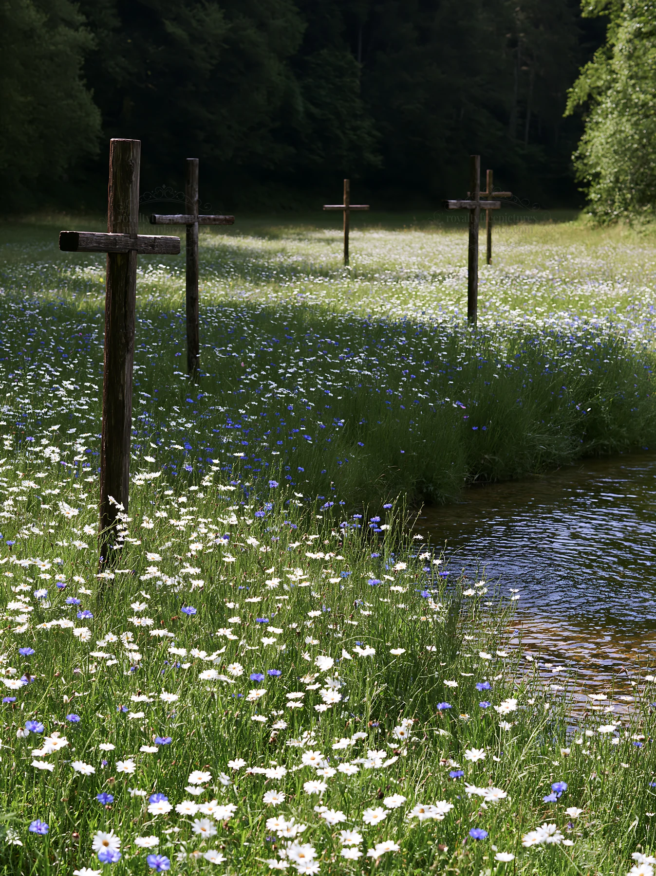 Christian crosses beside mineral spring meadow in nature - AI-generated stock image