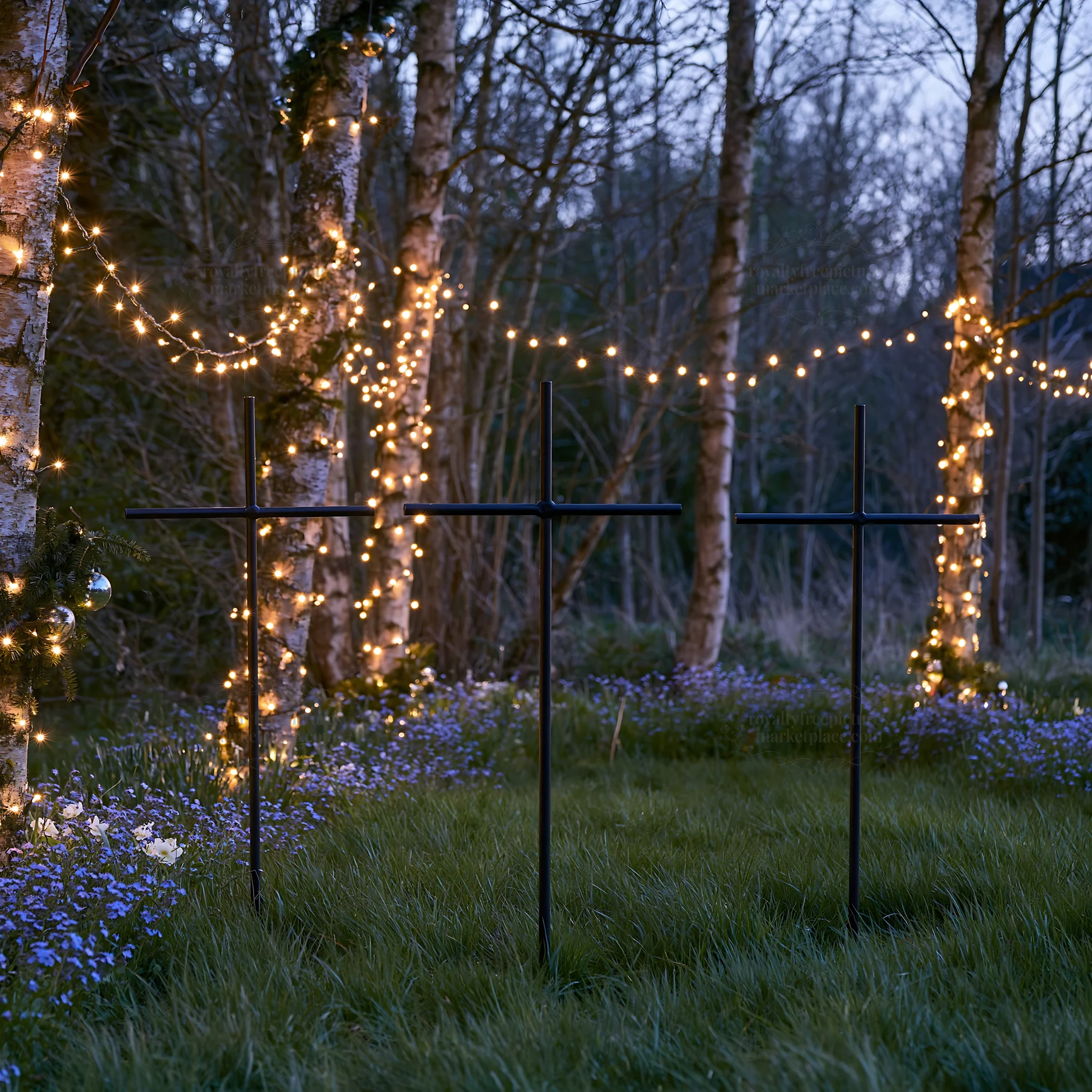 Iron crosses in Advent meadow with string lights at dusk - AI-generated stock image