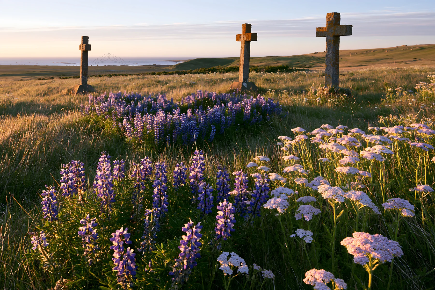 Three Christian crosses in a meadow at sunrise - AI-generated stock image